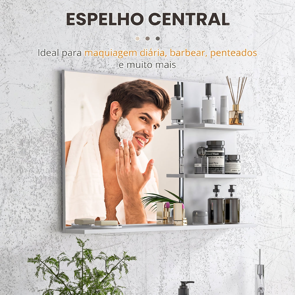Espelho de Casa de Banho de Parede com 2 Prateleiras Laterais e Prateleira Inferior 75x10x48 cm Branco — imagem 5