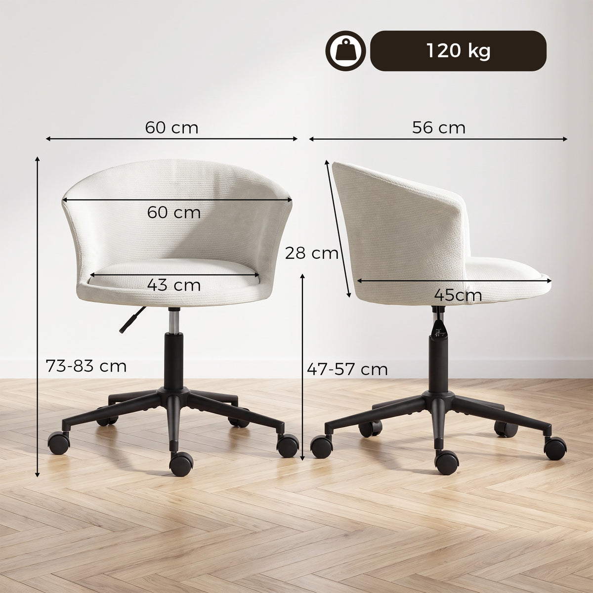 Cadeira de Escritório em Chenille com Assento Largo, Design Envolvente, Altura Regulável e Rodas Giratórias, Branco Creme — foto 2