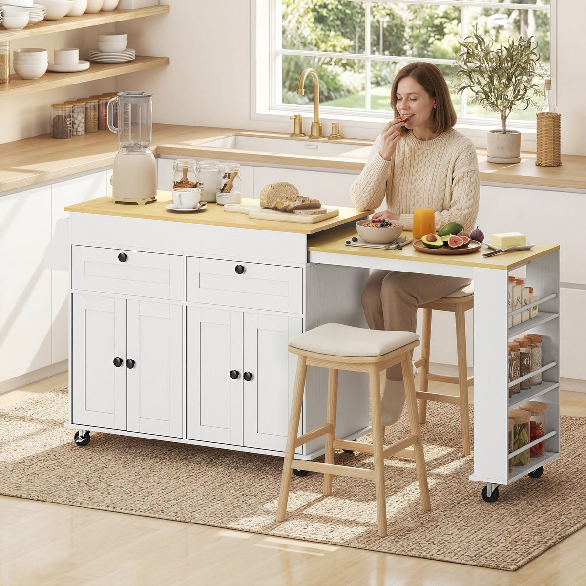 Ilha Central de Cozinha com Tampo Extensível Carrinho de Cozinha com Rodízios com 2 Gavetas 4 Portas Branco — imagem 3