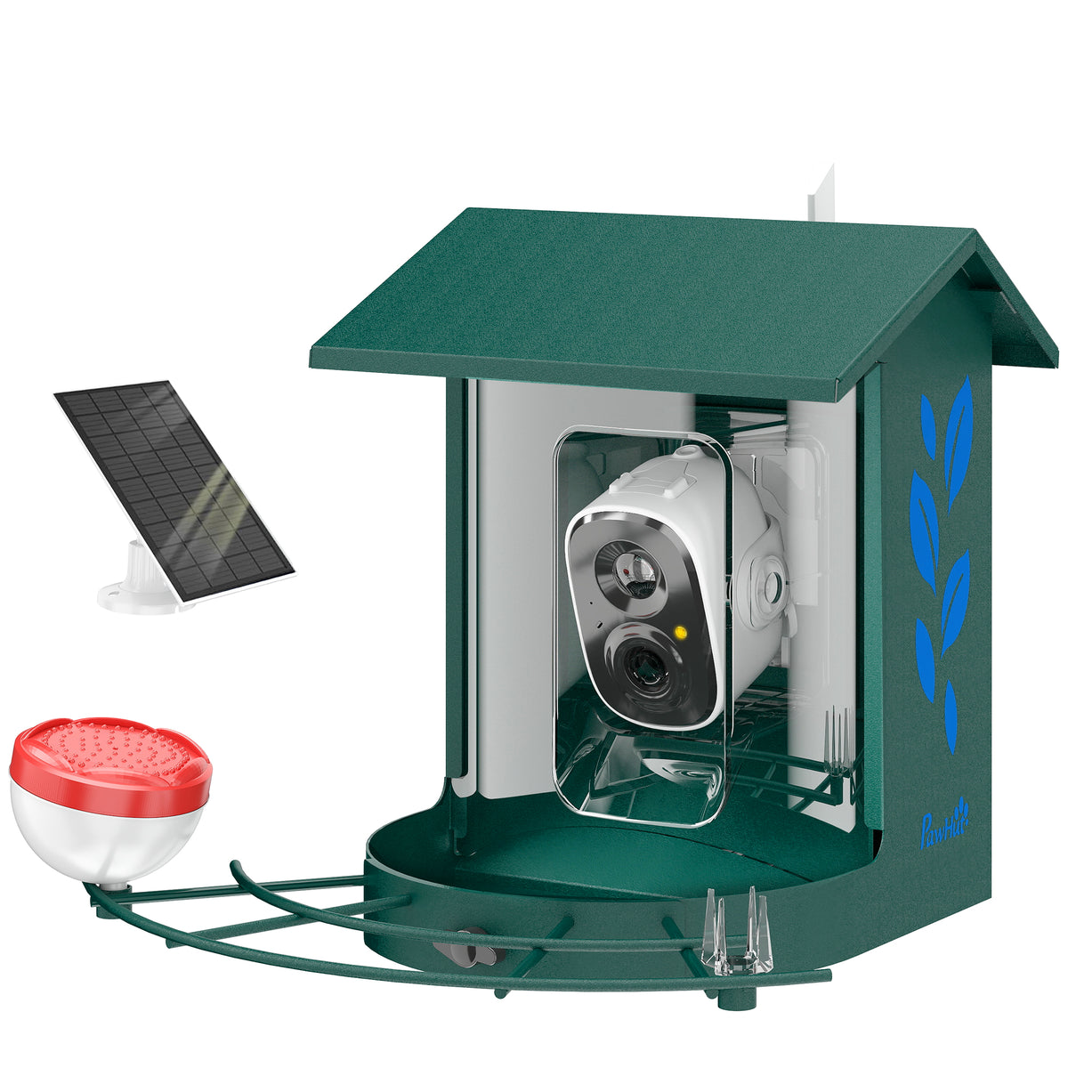 Comedouro para Pássaros com Câmera Inteligente 2K Carcaça Aço Anti-esquilo Painel Solar 30x34,5x26,3 cm Verde — foto 1