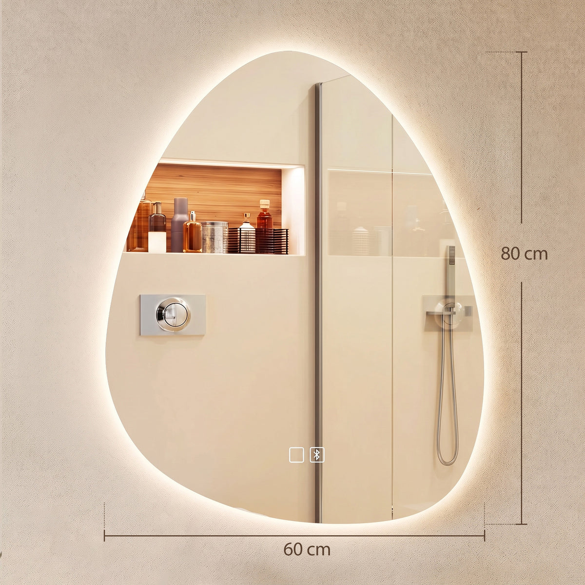 Espelho de Casa de Banho Bluetooth com Iluminação LED 60x80cm, Forma de Seixo, Dimerizável 3 Cores, Anti-Embaçamento, Memória, Prateado — foto 2