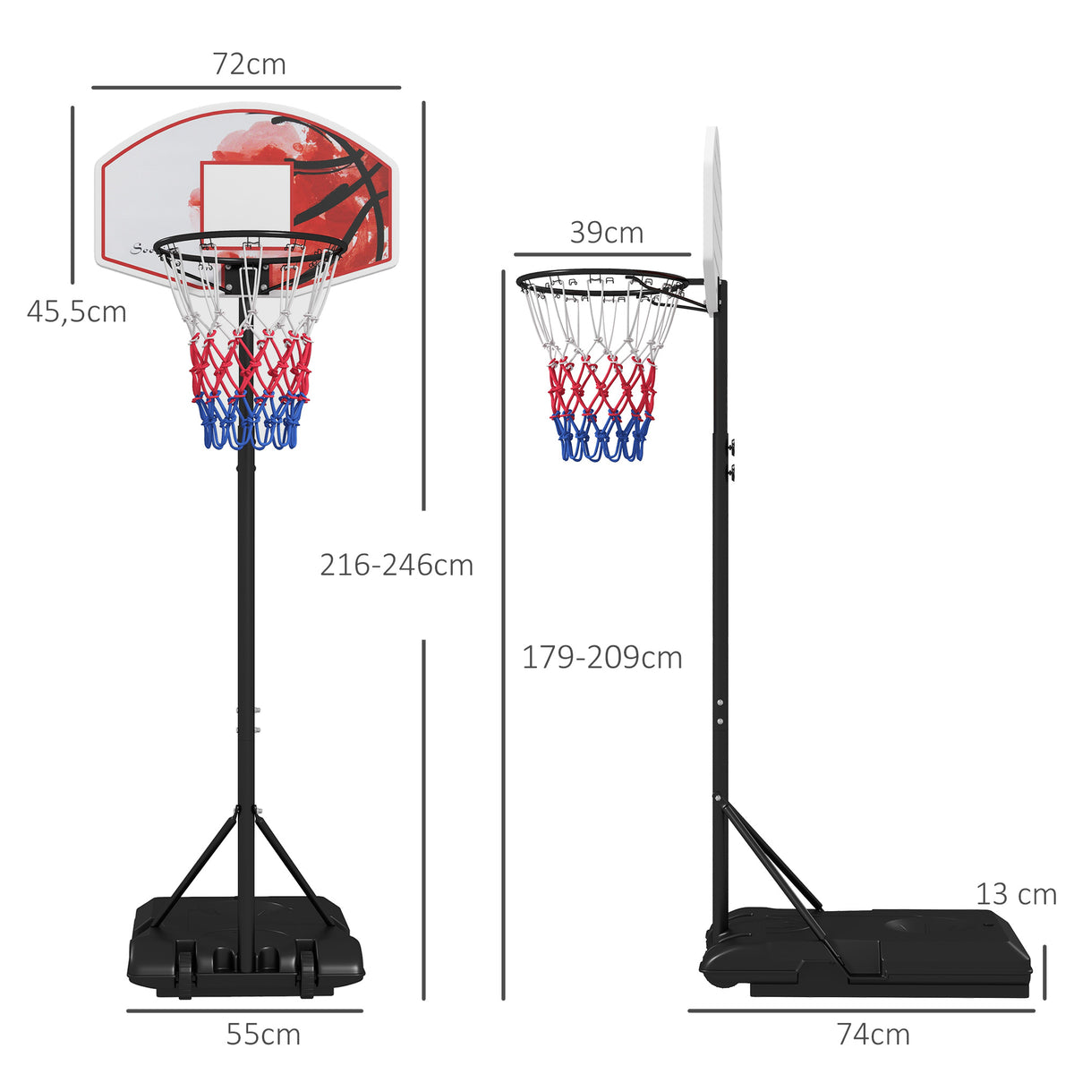 Cesto de basquete ajustável em altura, independente, com rede e rodas, base grande, 179-209 cm, plástico, aço — foto 2