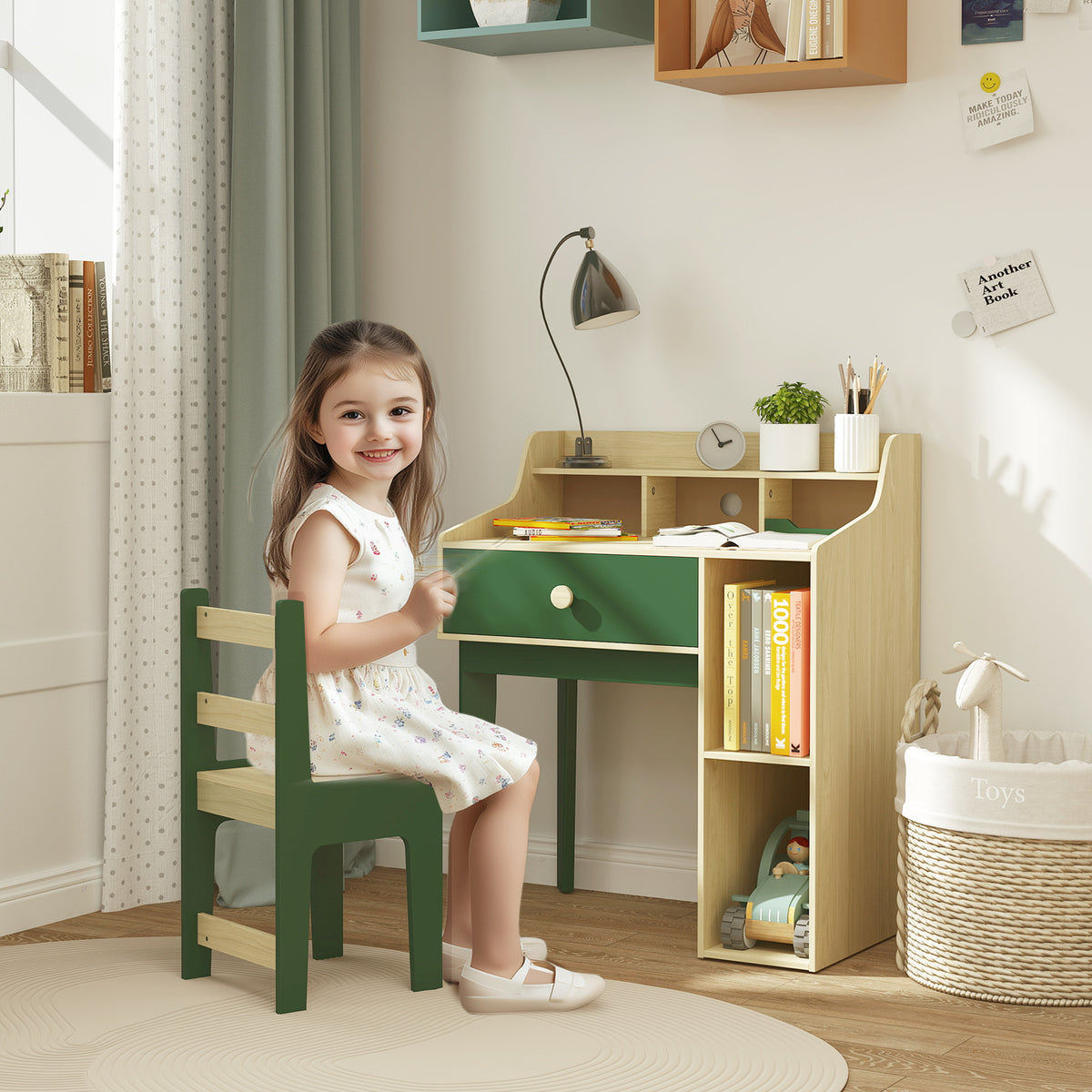 Conjunto de secretária e cadeira para criança com prateleiras de arrumação e gaveta, mobiliário infantil para 3 a 10 anos, verde — imagem 3
