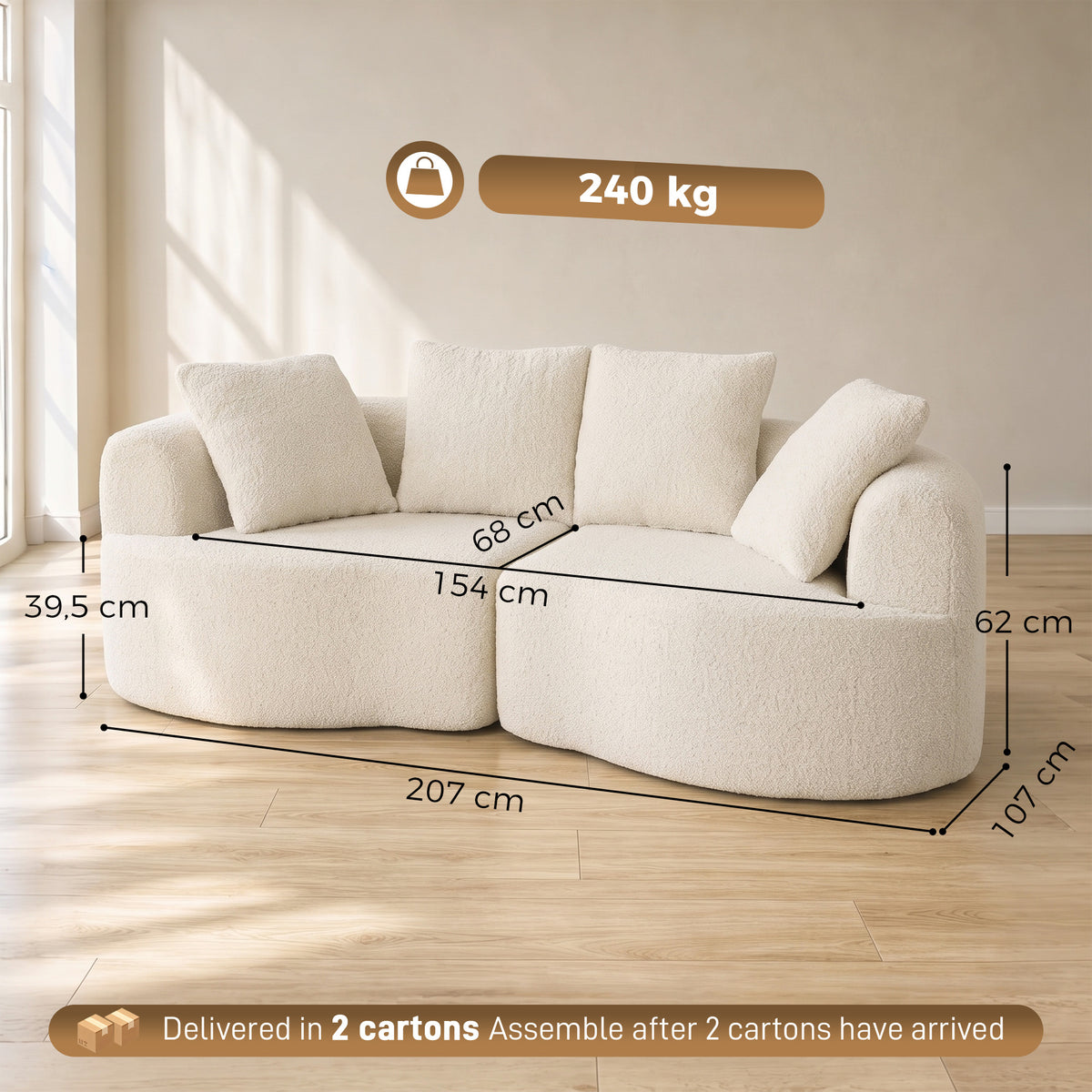 Sofá 3 lugares 207 cm Cloud Sofa com Chenille-Optik, 4 almofadas decorativas para quarto, montagem sem ferramentas, creme branco — foto 2