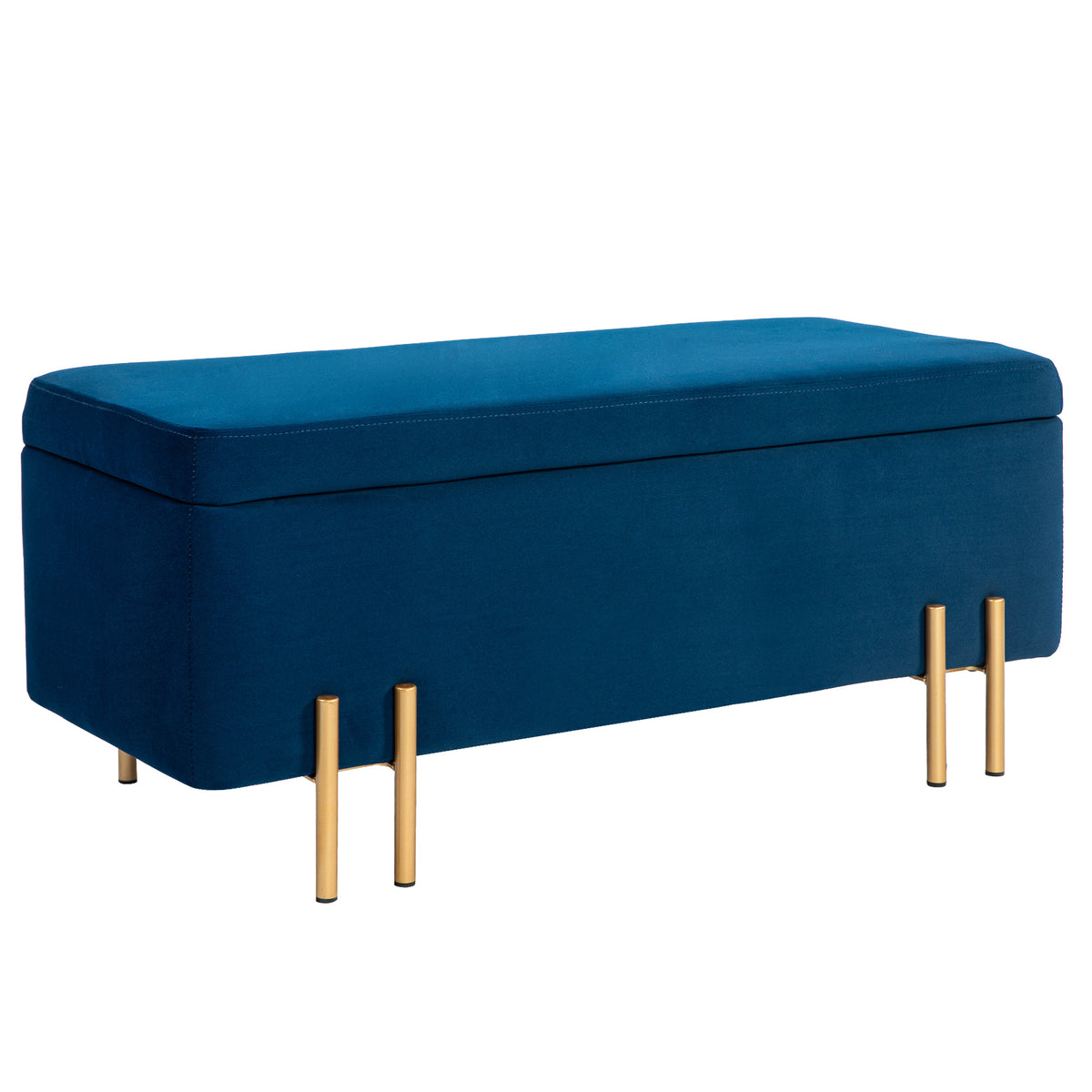 Banco-baú, Banco estofado com armazenamento, Metal, madeira de seringueira, Espuma, 100 x 40 x 42 cm, Azul escuro — foto 1