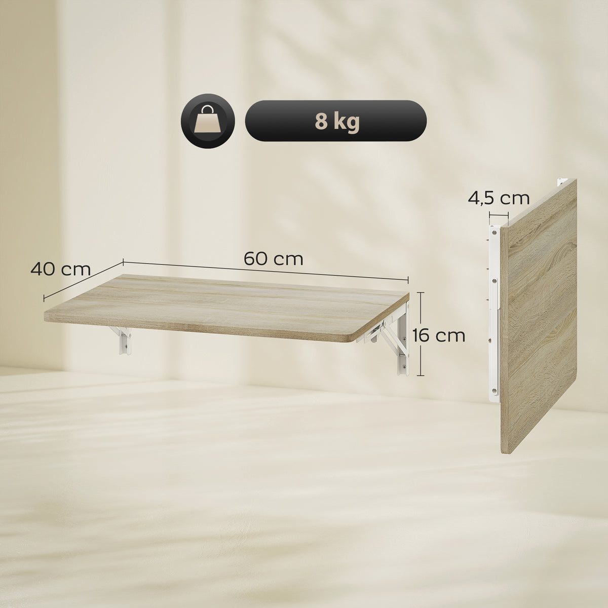 Mesa Dobrável de Parede, 60x40 cm, Secretária Suspensa que Poupa Espaço com Cantos Arredondados, para Home Office, Sala, Quarto, Cozinha, Carvalho — foto 2