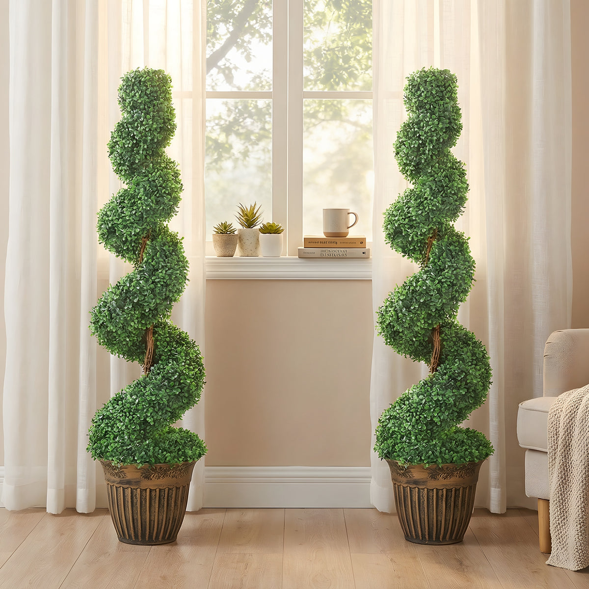 Conjunto 2 Plantas Artificiais de Buxo em Espiral 120cm com Vaso Incluído para Decoração Interior e Exterior Verde — imagem 3