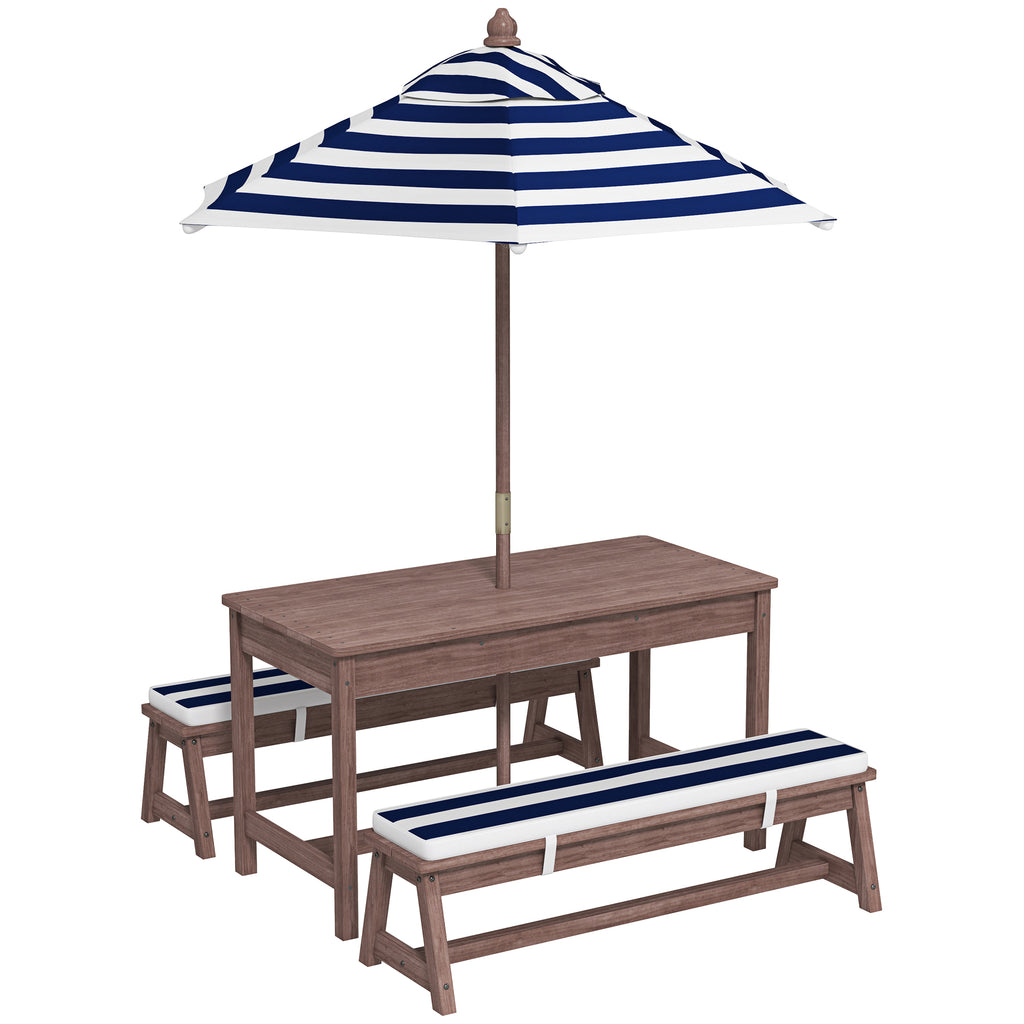 Conjunto de Mobiliário de Jardim Exterior Infantil com Almofadas e Guarda-sol Removível Riscas Azul Marinho e Branco — foto 1