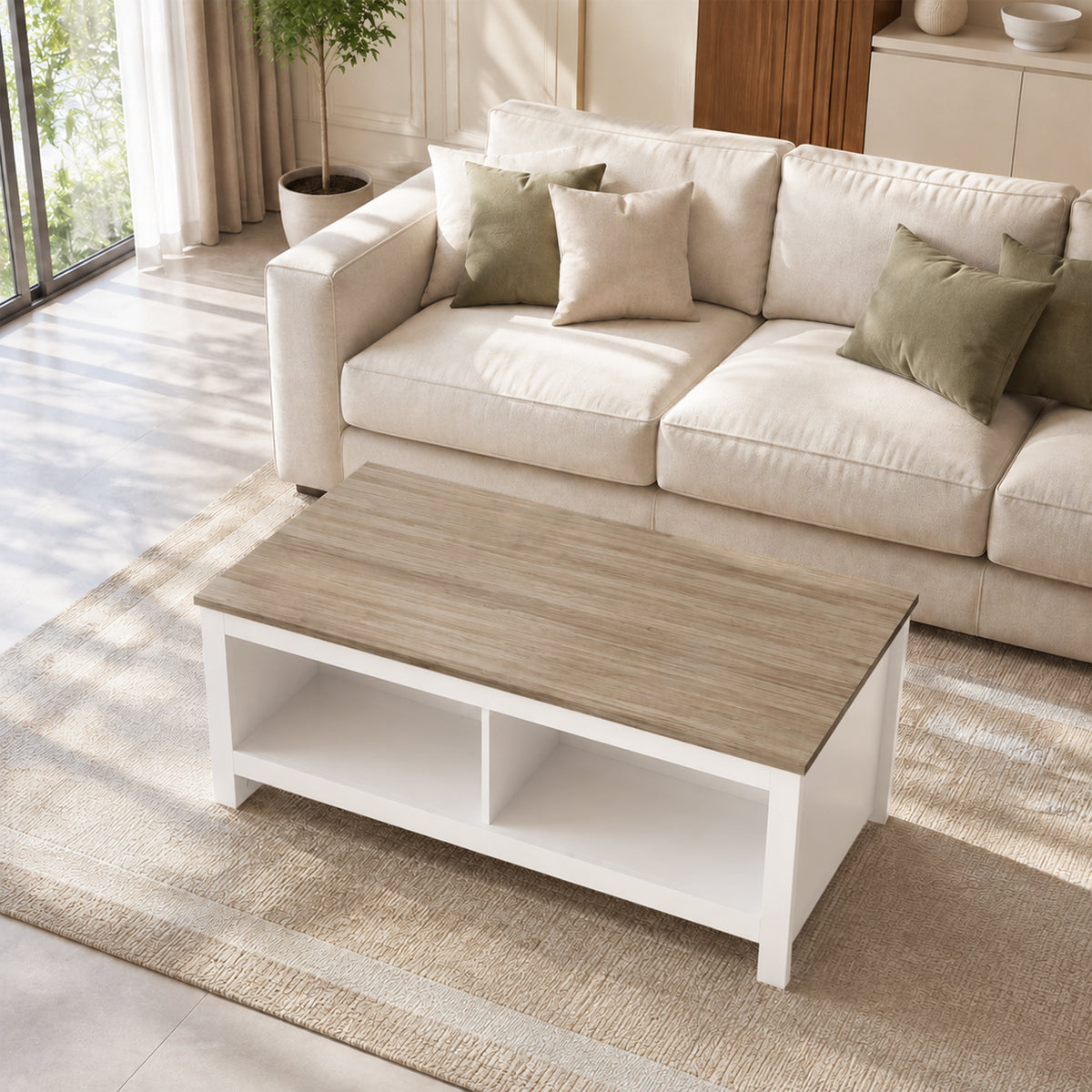 Mesa de Centro Retangular Mesa de Sala Moderna com 4 Compartimentos Abertos 110x55x45,5 cm Carvalho e Branco — imagem 3