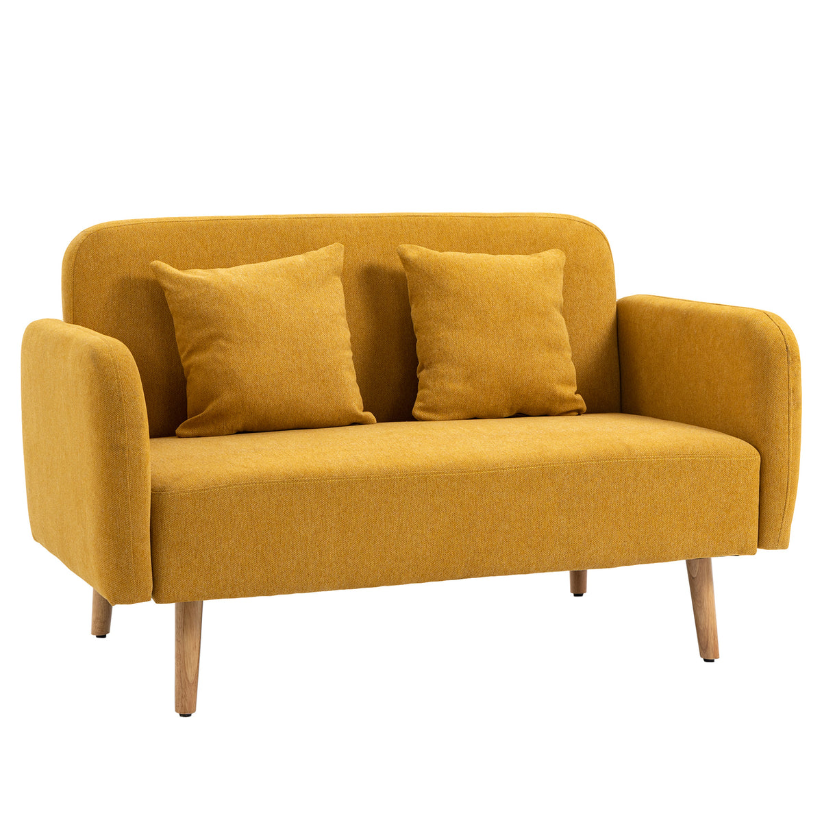 Sofá 2 lugares com 2 almofadas decorativas, Loveseat pequeno com acabamento em veludo, Sofá estofado moderno para sala de estar, quarto, espaços pequenos, Amarelo 130 x 70 x 80 cm — foto 1