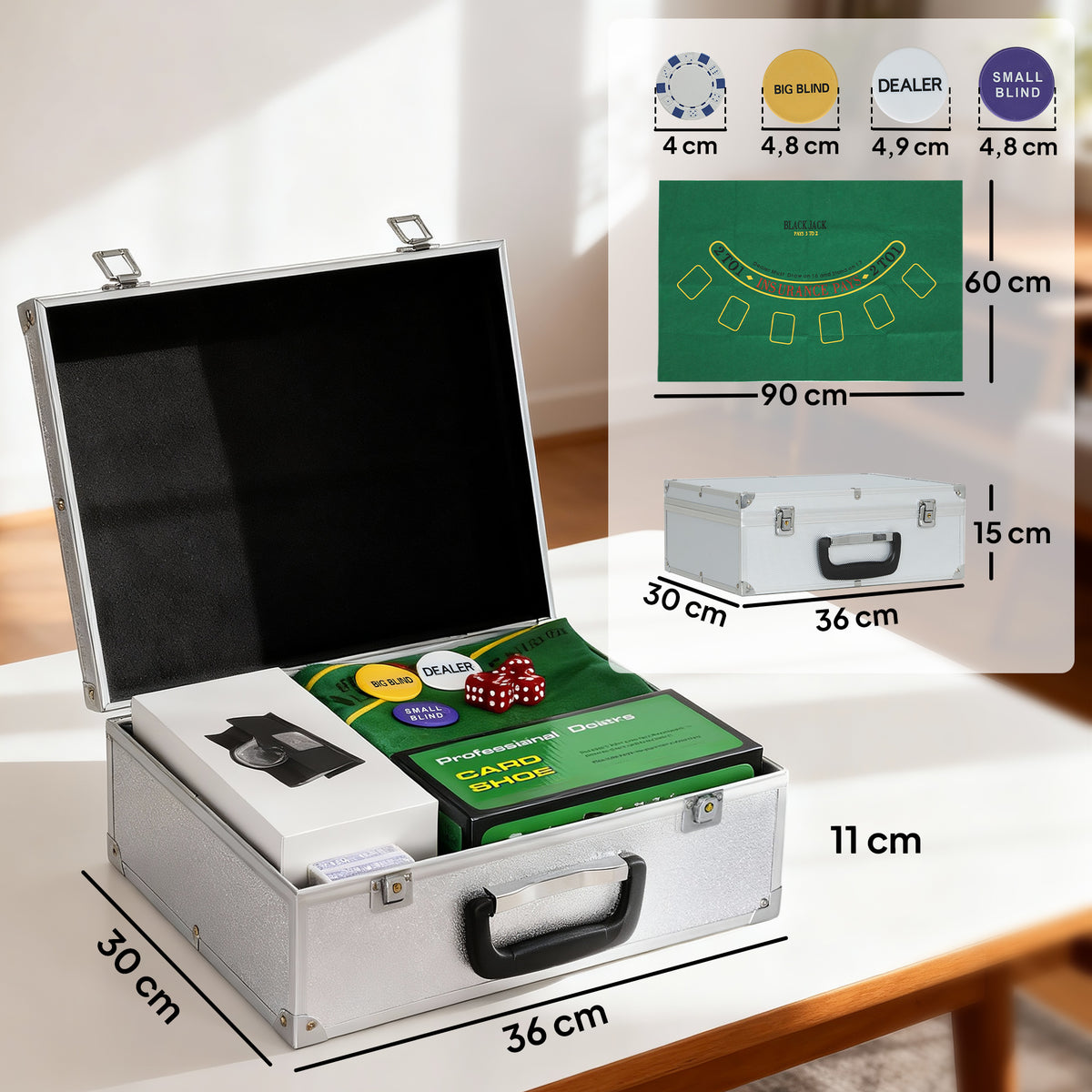 Maleta de Poker Conjunto Completo 300 Fichas, Cartas de Jogo, Dados, Dealer, Tapete, Chaves, Estojo em ABS, Prata — foto 2