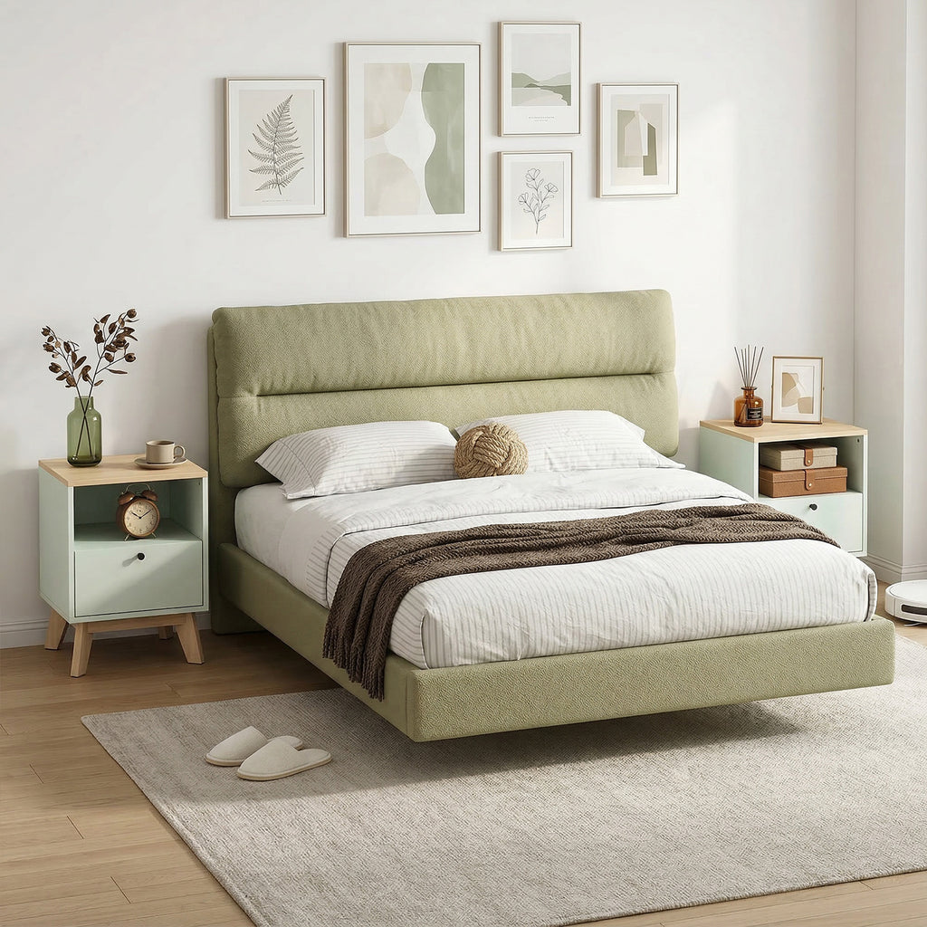 Conjunto de 2 Mesas de Cabeceira Mesas de Noite com Gaveta e Compartimento Aberto 40x40x55 cm Carvalho e Verde Claro — imagem 4