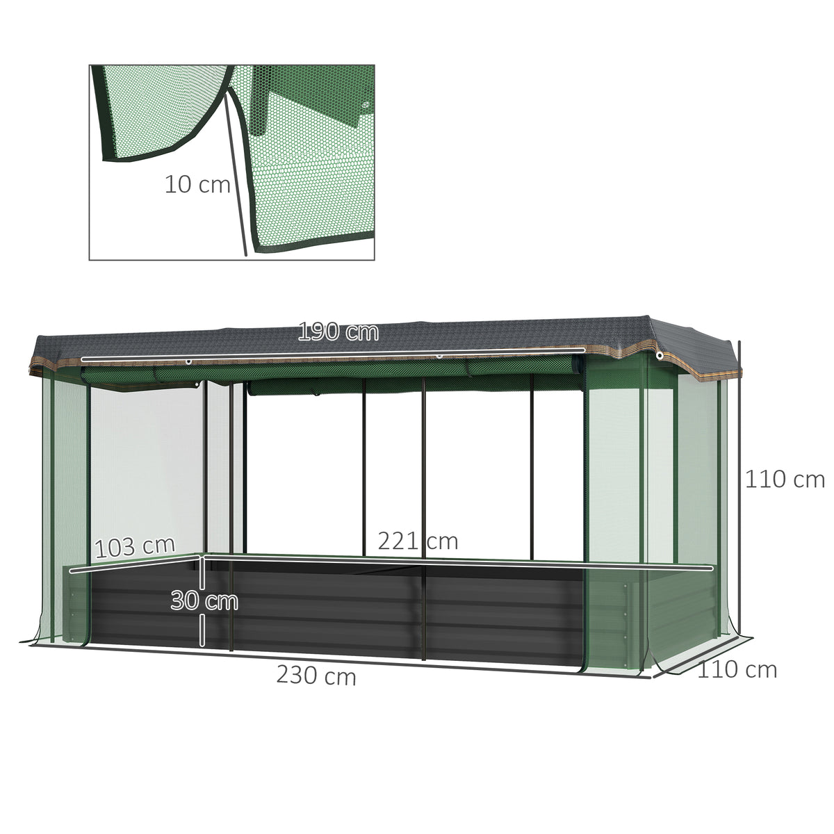 Canteiro elevado com rede de proteção contra pássaros e proteção solar, Estrutura metálica, 230x110x110 cm, Cinza/Verde/Preto — foto 2