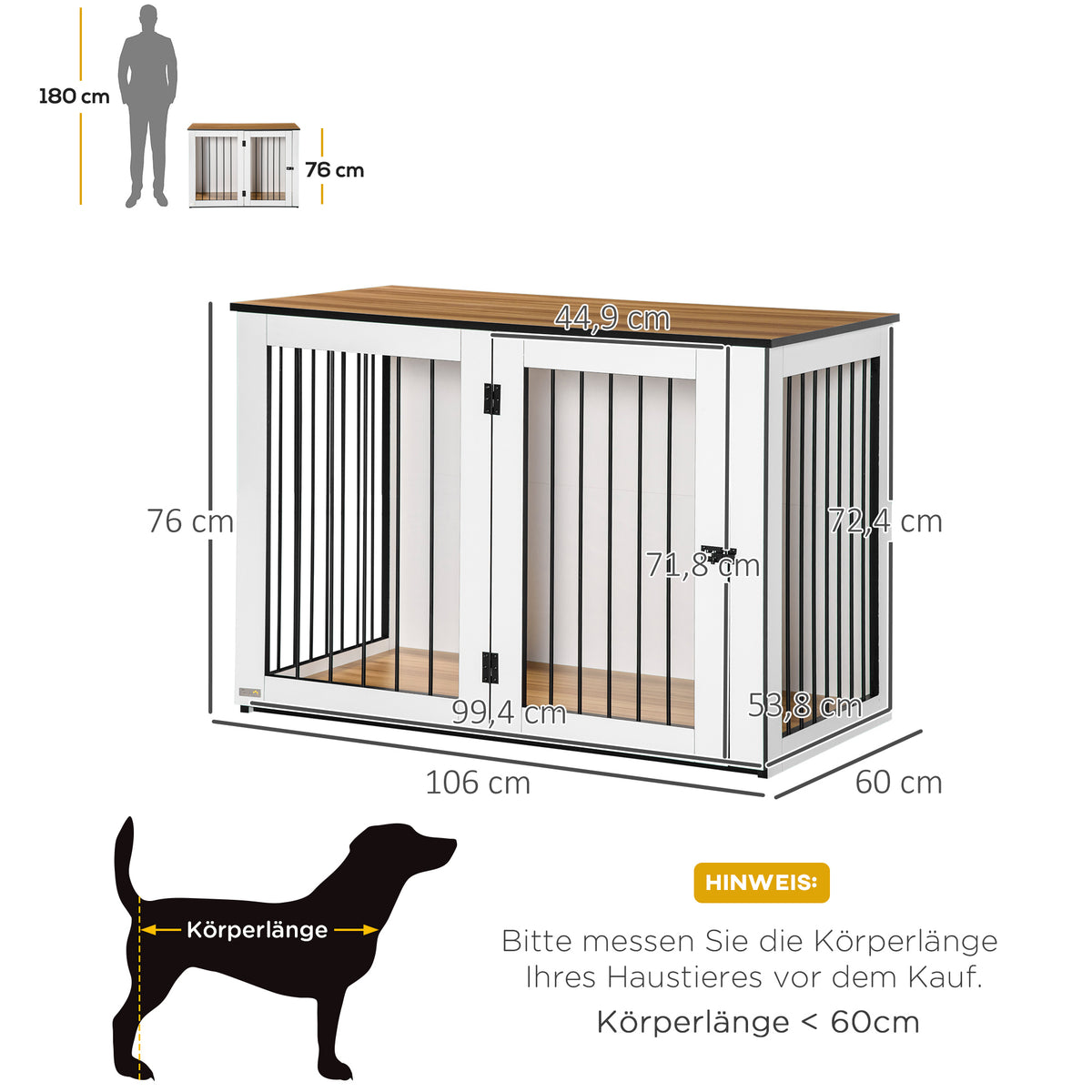 Caixa para cães, caixa para animais de estimação para cães grandes, abrigo para cães, interior, 106 x 60 x 76 cm, Carvalho+Branco — foto 2
