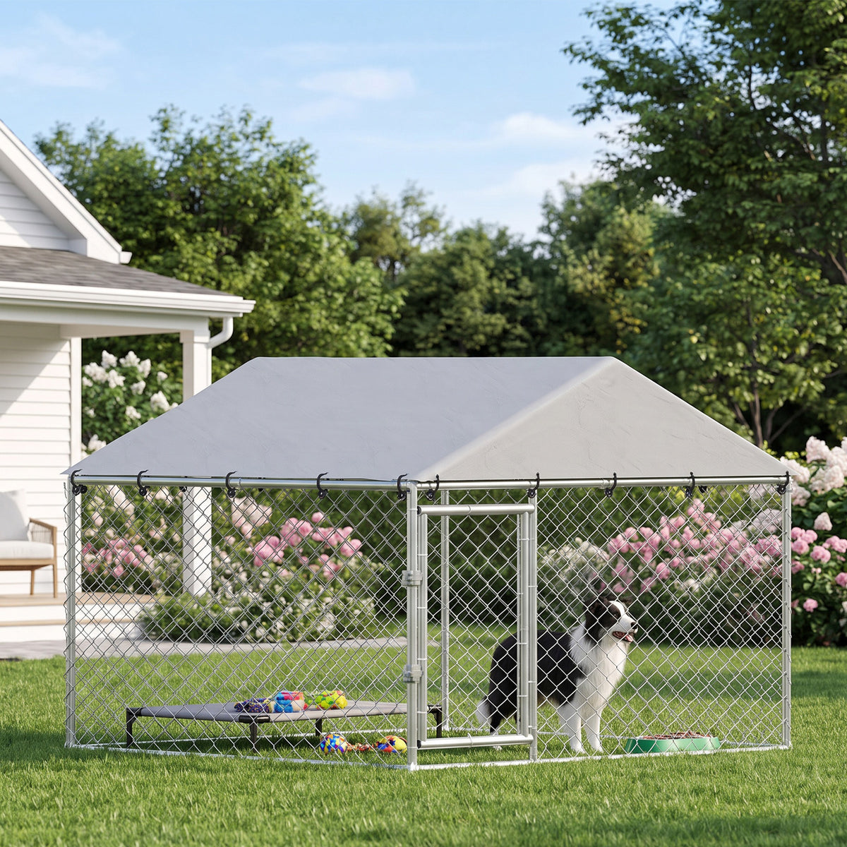 Recinto para Cães de Exterior em Aço Galvanizado com Teto em PE Anti-UV Impermeável Fecho Duplo Prata — imagem 3