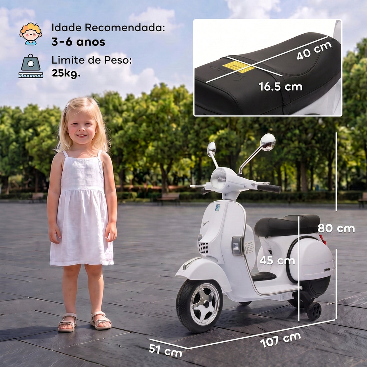 Mota Elétrica para Crianças 12V Vespa PX150 com Rodas Auxiliares, 2 Motores, Suspensão Traseira, Música, Luzes, 3 km/h, 3-6 Anos, Branco — foto 2