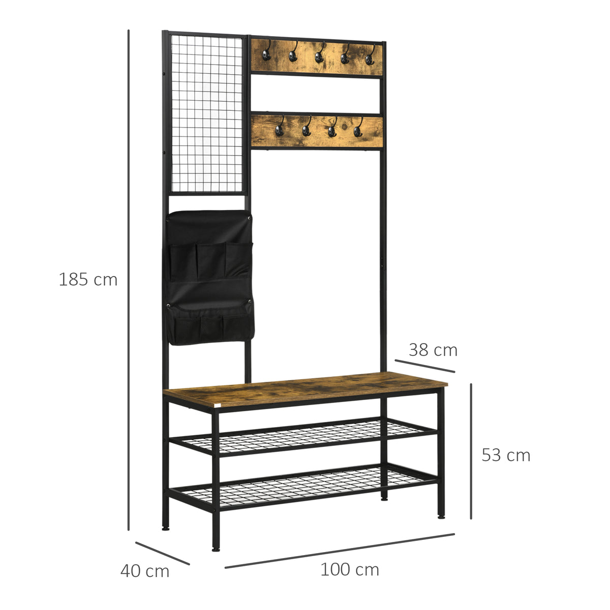 Móvel Cabide de Entrada em Design Industrial 1 Quadro de Recados 1 Banco para Sapatos 8 Ganchos para Roupa 1 Bolsa de Armazenamento Preto e Castanho — foto 2