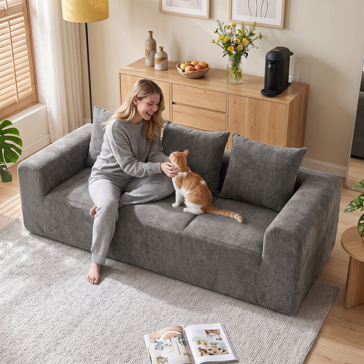 Sofá 3 Lugares em Chenille 220 cm Sofá de Sala Moderno com Assento e Apoios de Braço Largos 3 Almofadas Cinza — imagem 8