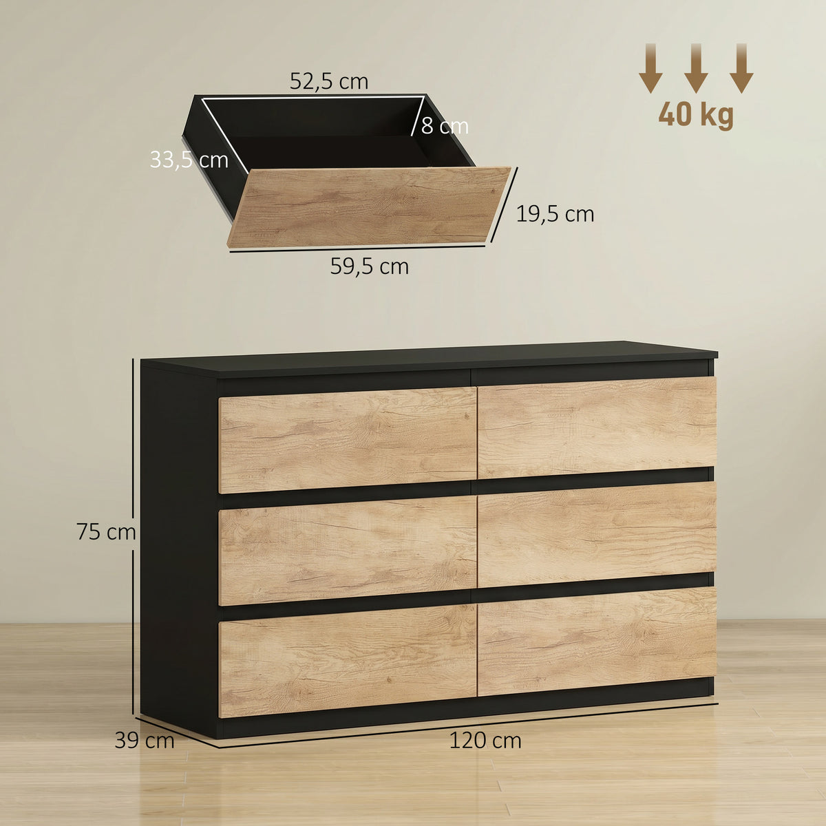 Cómoda 6 Gavetas Móvel de Arrumação sem Puxadores Design Minimalista 120x39x75 cm Preto e Carvalho — foto 2