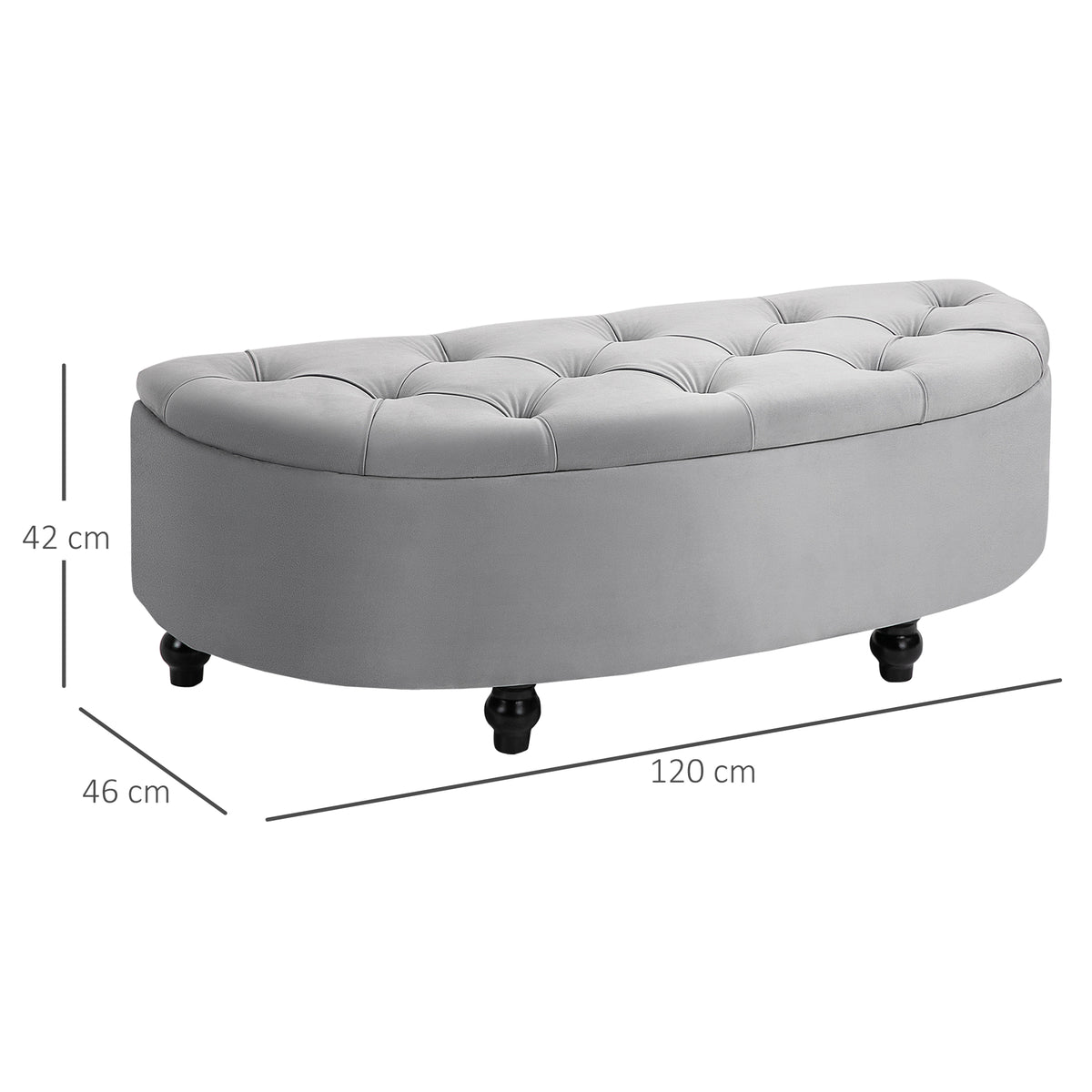 Banco de Armazenamento Baú de Armazenamento Capitonê Meia Lua Revestimento de Veludo Pés Madeira de Hévea 120x46x42 cm Cinza — foto 2