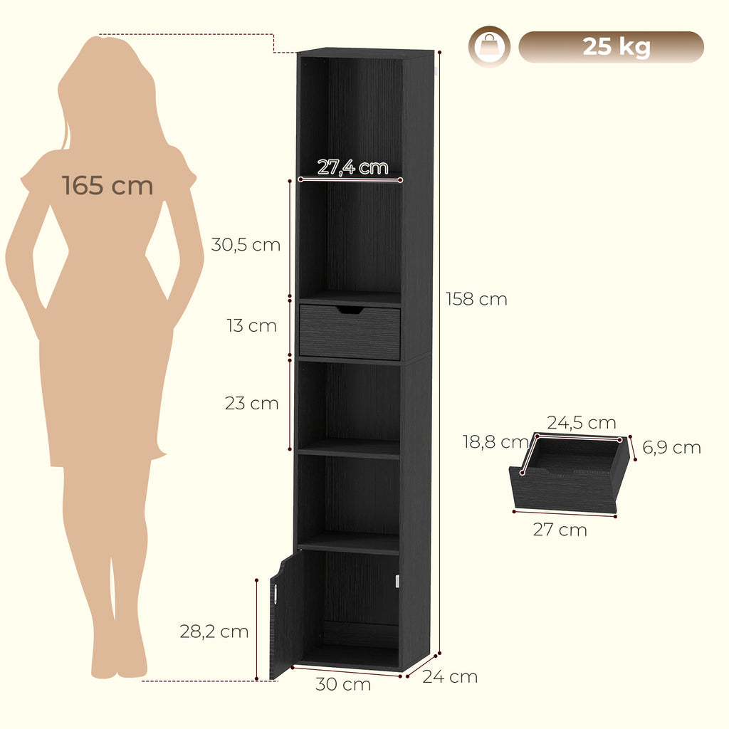 Estante de 6 Compartimentos com Gaveta e Compartimento Ajustável Armário de Armazenamento Independente 30x24x158 cm Preto — foto 2