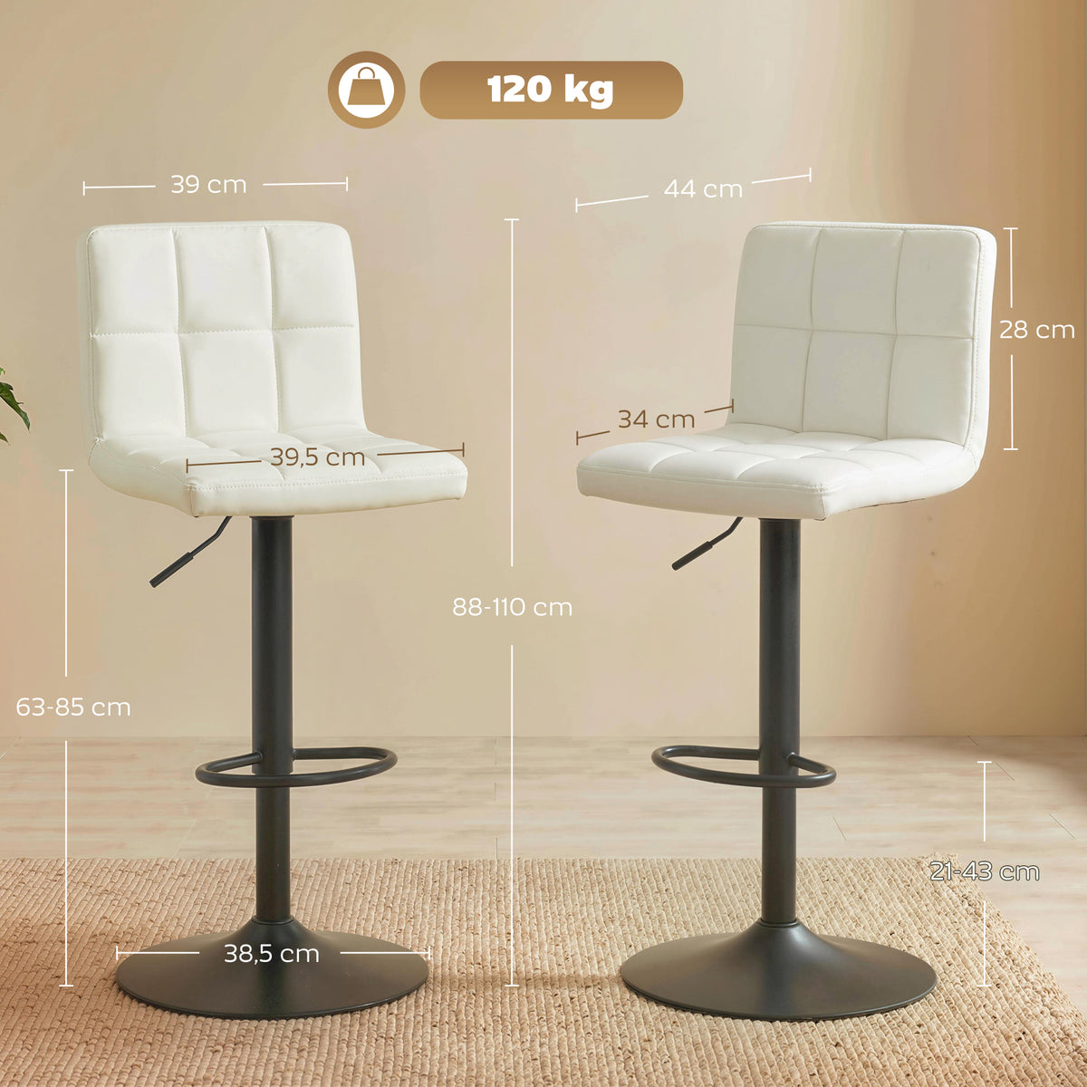 Conjunto 2 Bancos de Bar Reguláveis com Apoio para os Pés em Pele PU e Aço 39,5x44x88-110 cm Creme — foto 2