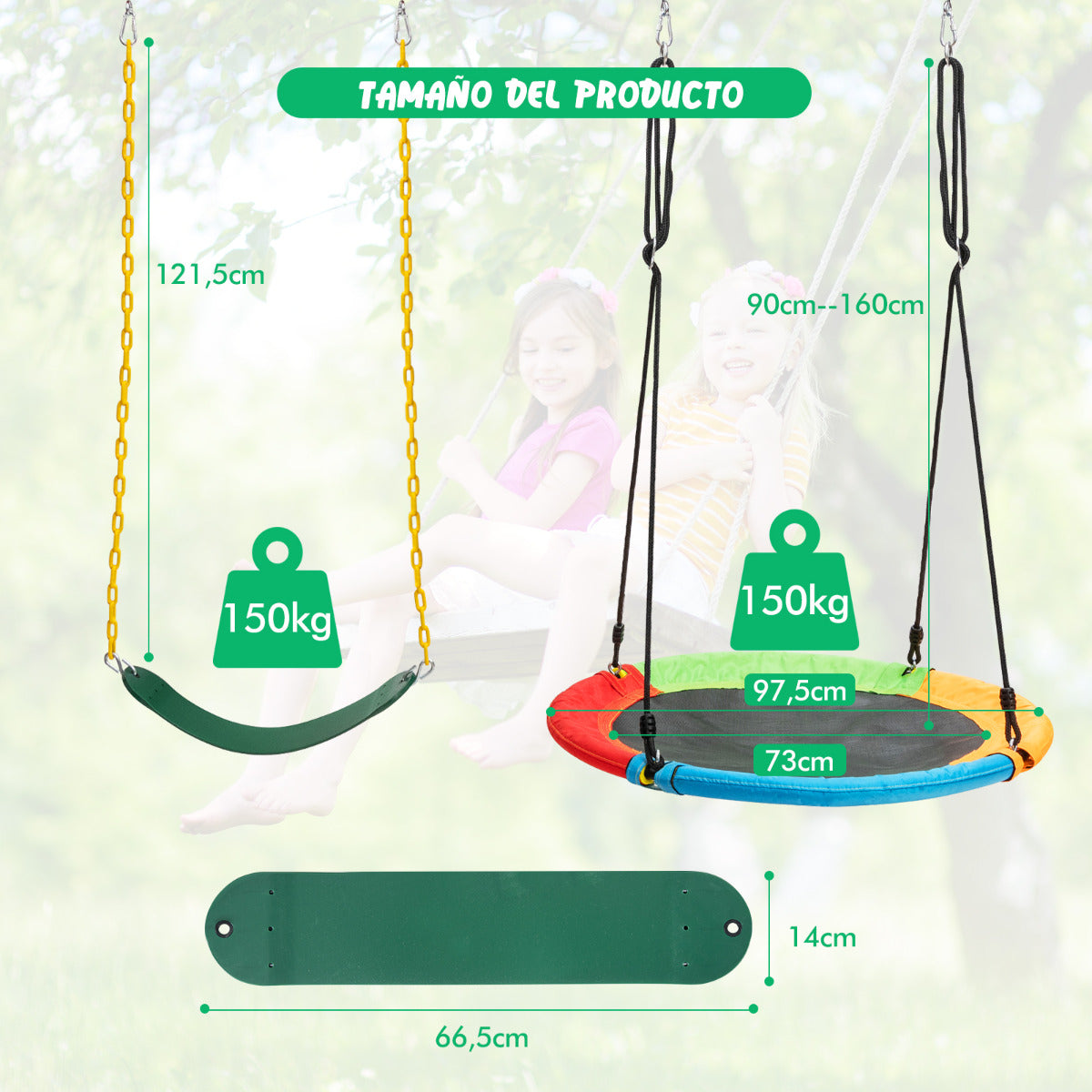 Set 2 Columpios Infantis Elástico e Prato Voador Cordas Ajustáveis Jardim — foto 3