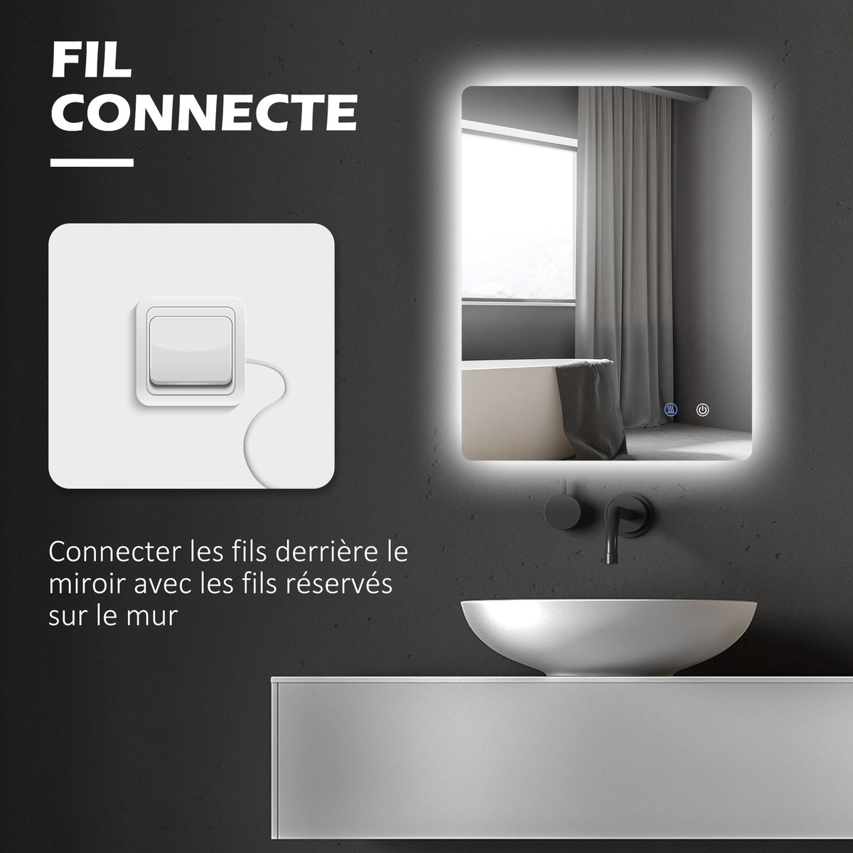Espelho Retangular Iluminado de LED para Banheiro 80x60 cm Branco Transparente — imagem 8
