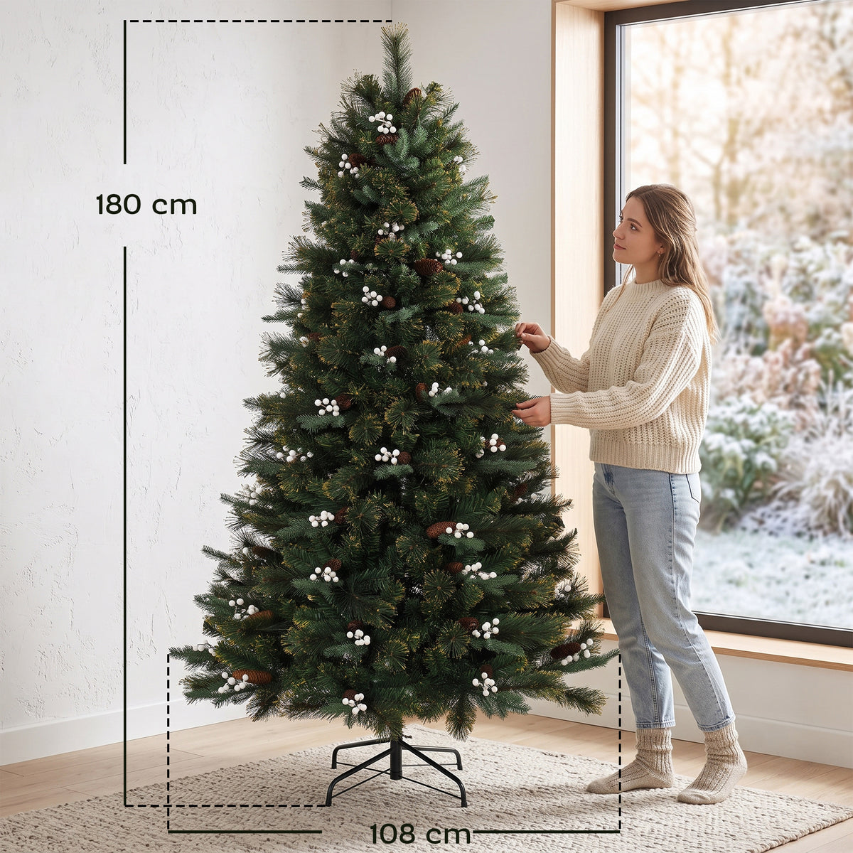 Árvore de Natal Artificial 180cm, Densa e Realista, 716 Ramos Retardantes de Chama, 63 Bagas Brancas, 63 Grandes Bagas — foto 2