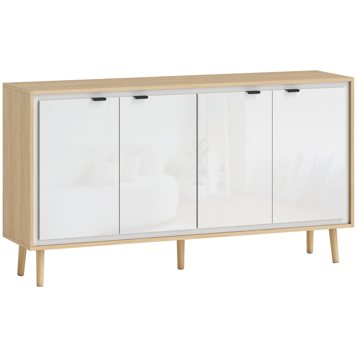 Aparador de Alto Brilho Móvel de Arrumação com 4 Portas Prateleiras Ajustáveis 141x35x77 cm Branco e Carvalho — foto 1