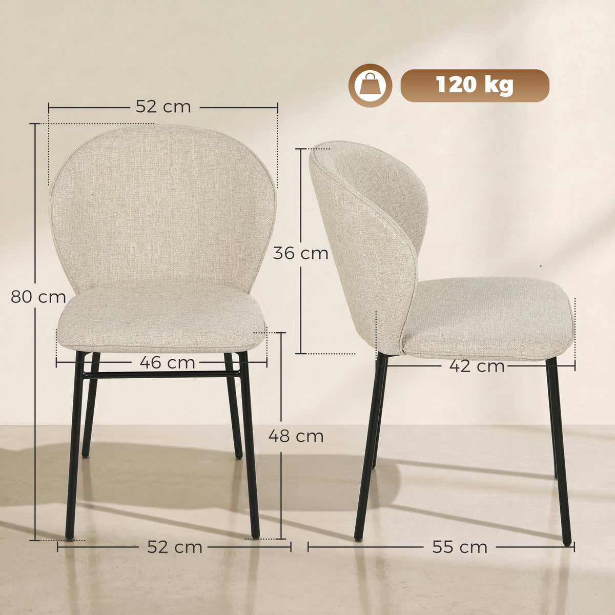 Conjunto de 2 cadeiras de sala de jantar assento acolchoado em tecido com aspecto de linho pés em aço estável design moderno creme — foto 2