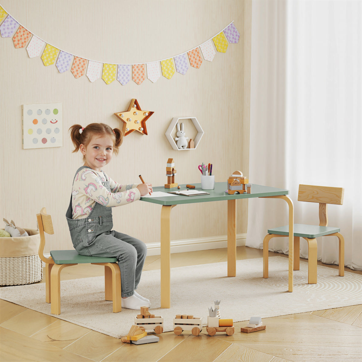 Mesa Infantil com Cadeiras Conjunto Mesa e 2 Cadeiras Infantis em Madeira para Desenhar Brincar Estudar 78x53x53cm Verde — imagem 3