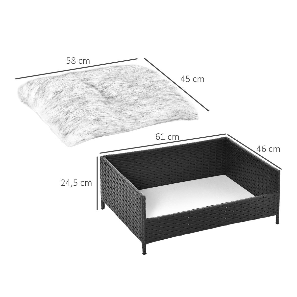 Sofá Cama para Cães de Vime Cama Elevada para Gatos Retangular com Almofada Suave e Lavável para Interior e Exterior 61x46x24,5cm Preto — foto 3