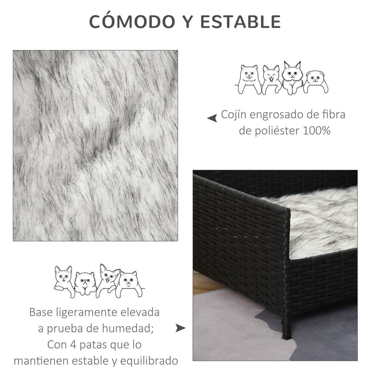 Sofá Cama para Cães de Vime Cama Elevada para Gatos Retangular com Almofada Suave e Lavável para Interior e Exterior 61x46x24,5cm Preto — foto 5
