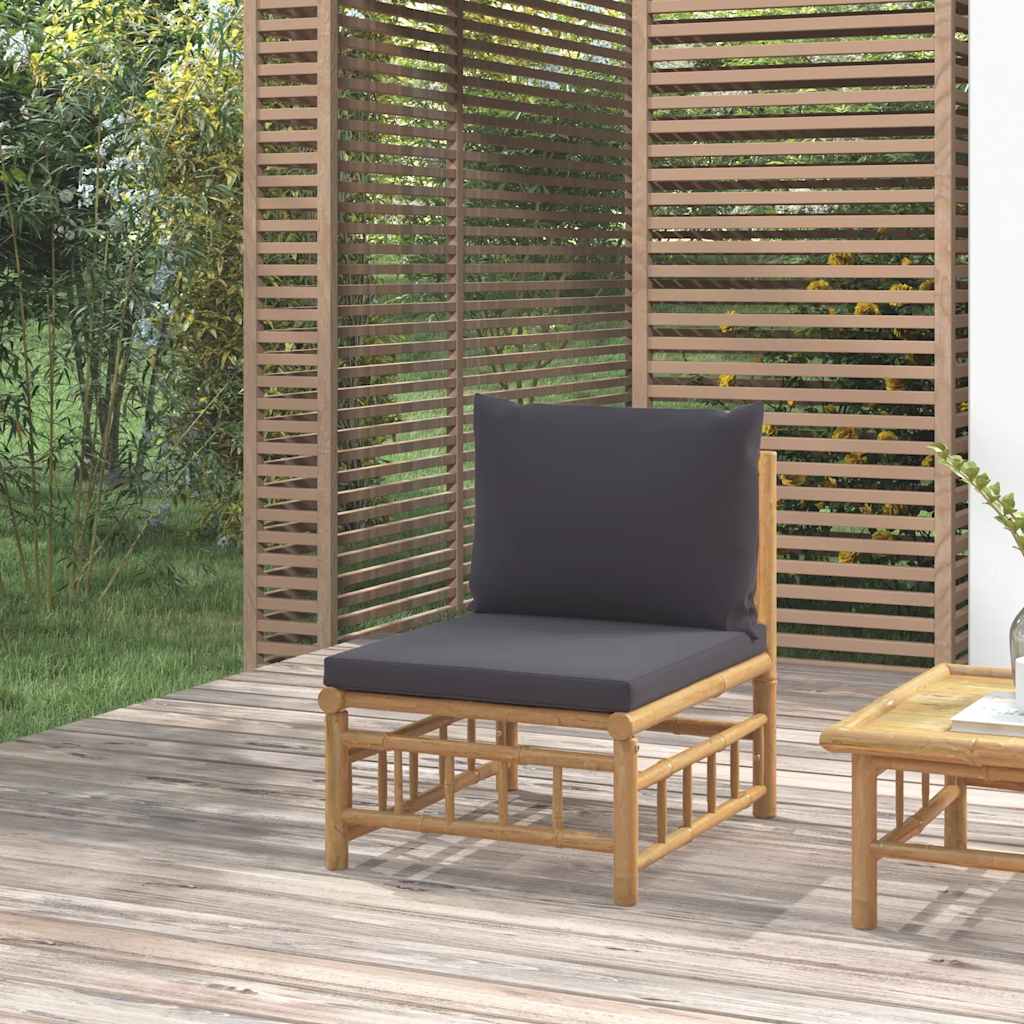 Sofá de centro de jardim bambu com almofadões cinzento-escuro — foto 1