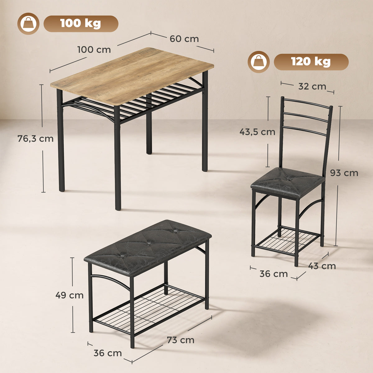 Conjunto de Jantar 4 Peças Mesa de Cozinha Industrial com 2 Cadeiras e Banco para 4 Pessoas Assentos Estofados em Couro PU Castanho — foto 2