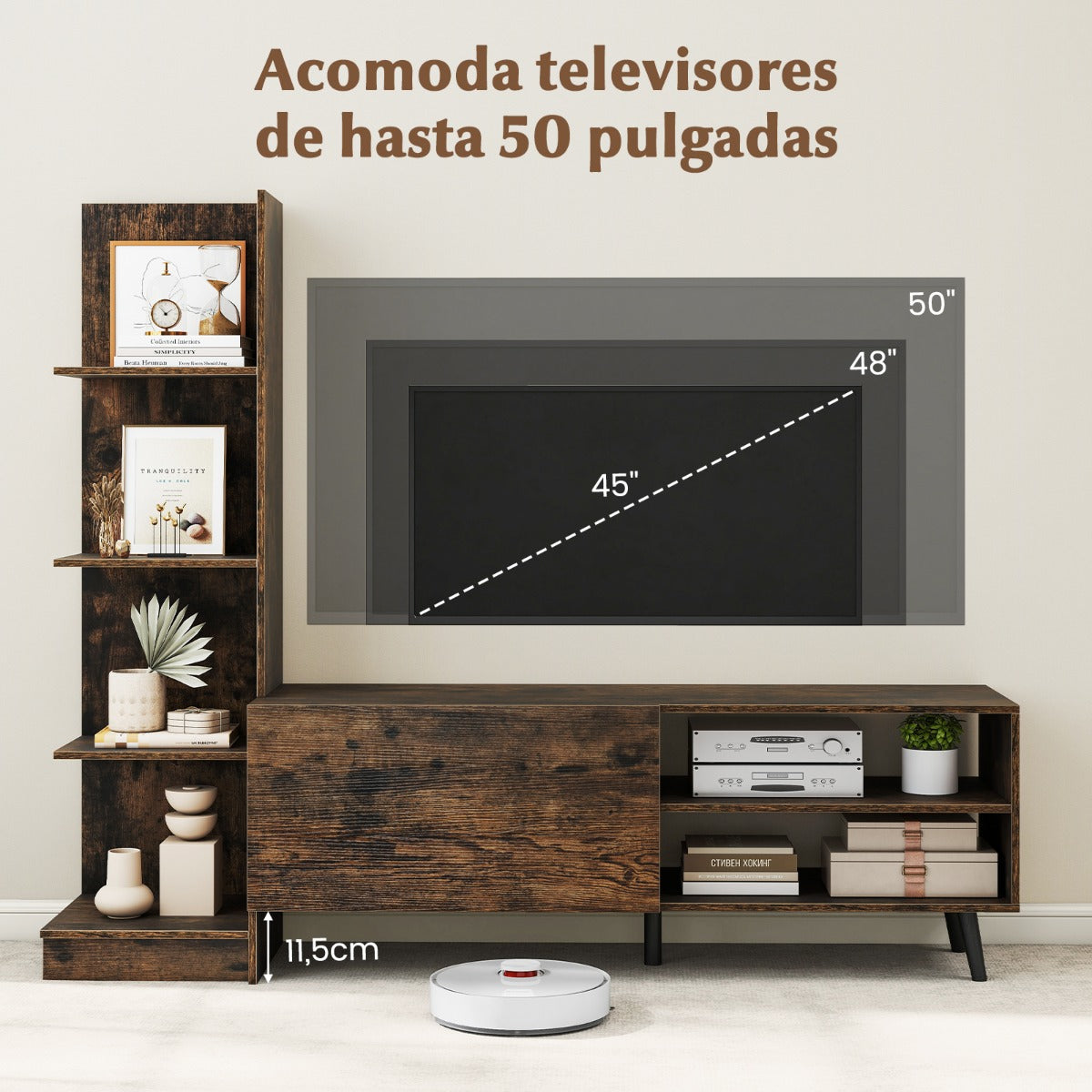 Suporte para TV até 50 polegadas com estantes ajustáveis e compartimento fechado castanho — foto 7