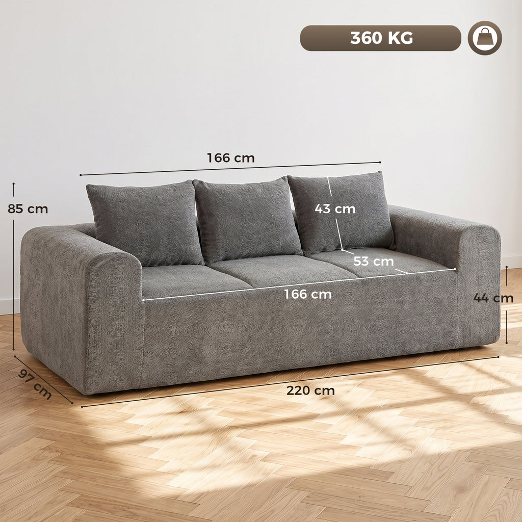 Sofá 3 Lugares em Chenille 220 cm Sofá de Sala Moderno com Assento e Apoios de Braço Largos 3 Almofadas Cinza — foto 2