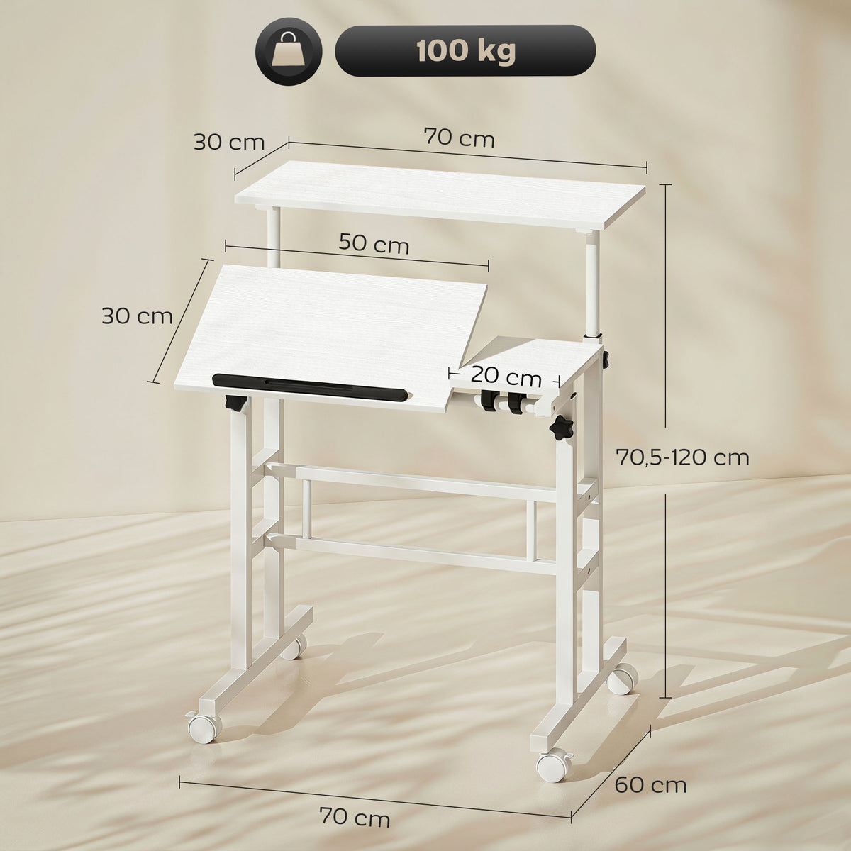 Secretária Ajustável Sentar/De Pé Secretária Regulável em Altura 70x60 cm com Rodízios e Tampo Inclinável 70x60x70,5-120 cm Branco — foto 2