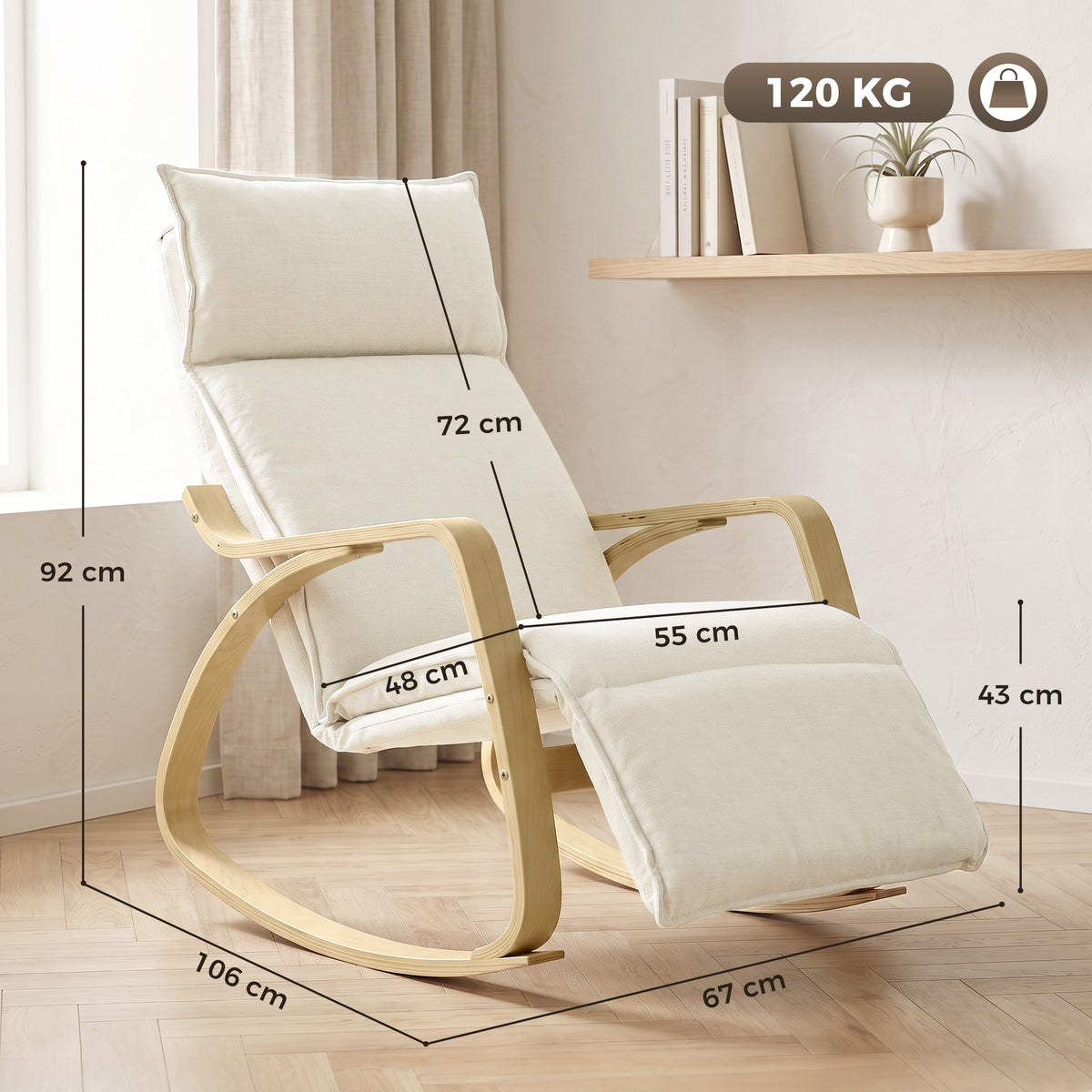 Poltrona de Balanço com Visual de Linho com Apoio para Pés Ajustável em 5 Posições e Visual de Linho para Sala de Estar Creme — foto 2