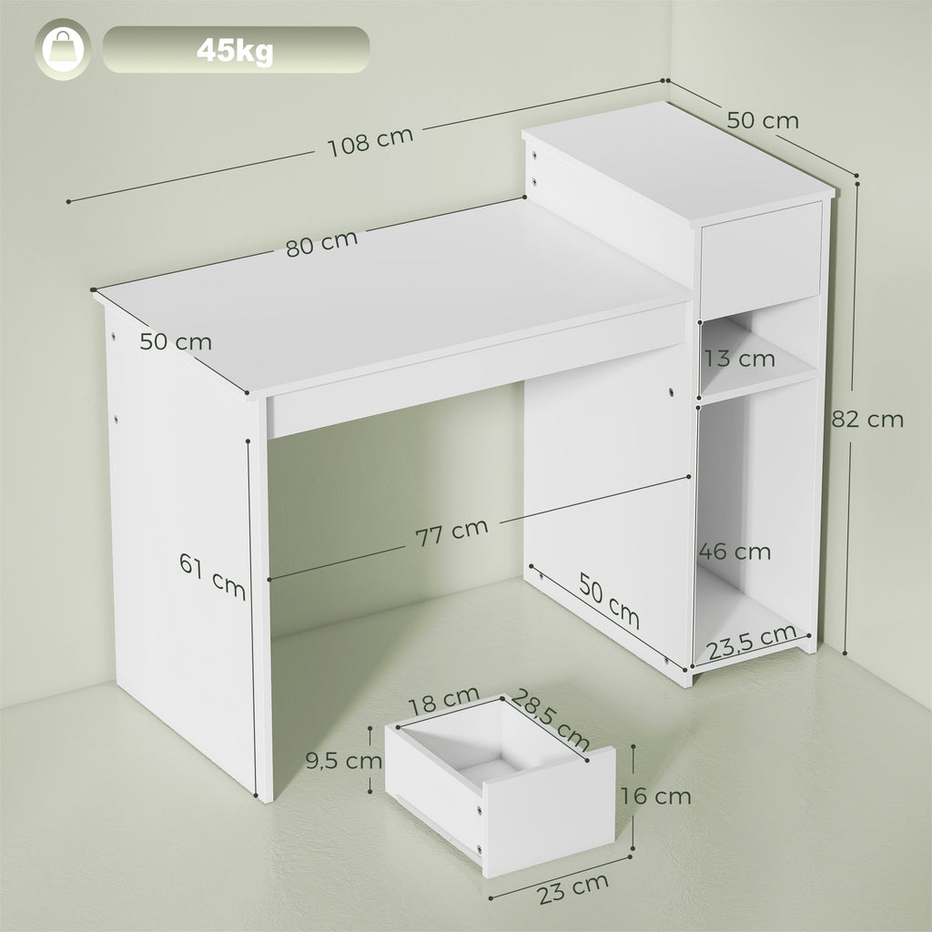 Escrivaninha para computador com gaveta e prateleira, mesa de computador com suporte para unidade central, 108 x 50 x 82 cm, branco — foto 2