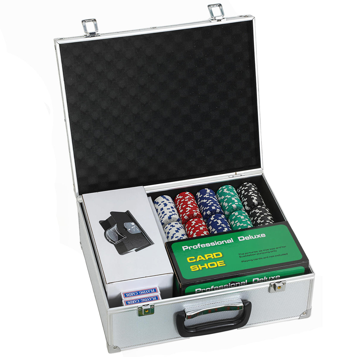 Maleta de Poker Conjunto Completo 300 Fichas, Cartas de Jogo, Dados, Dealer, Tapete, Chaves, Estojo em ABS, Prata — foto 1