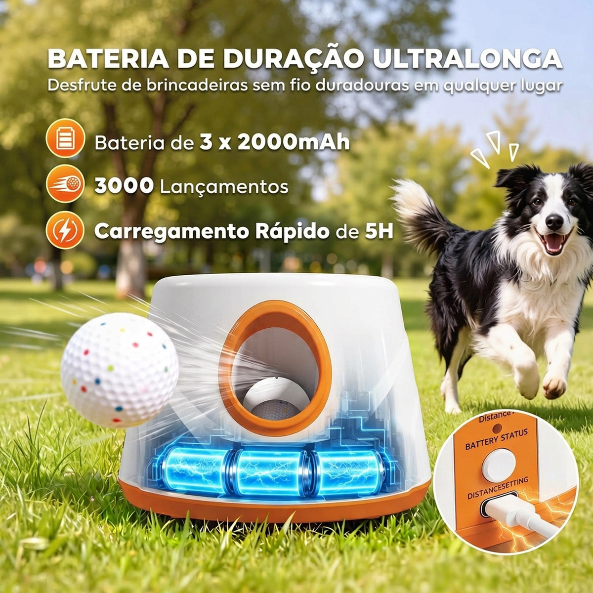Lançador Automático de Bolas para Cães com 6 Bolas em ETPU e 3 Distâncias Ajustáveis 6/10/14 m, Laranja — imagem 6