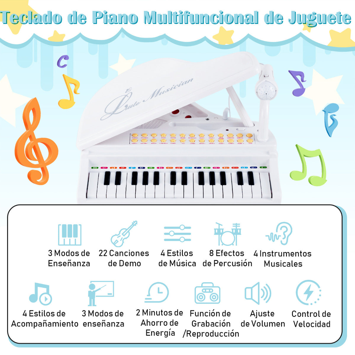 Teclado de Piano Electrónico 31 Teclas com Taburete, Microfone e LED — foto 9