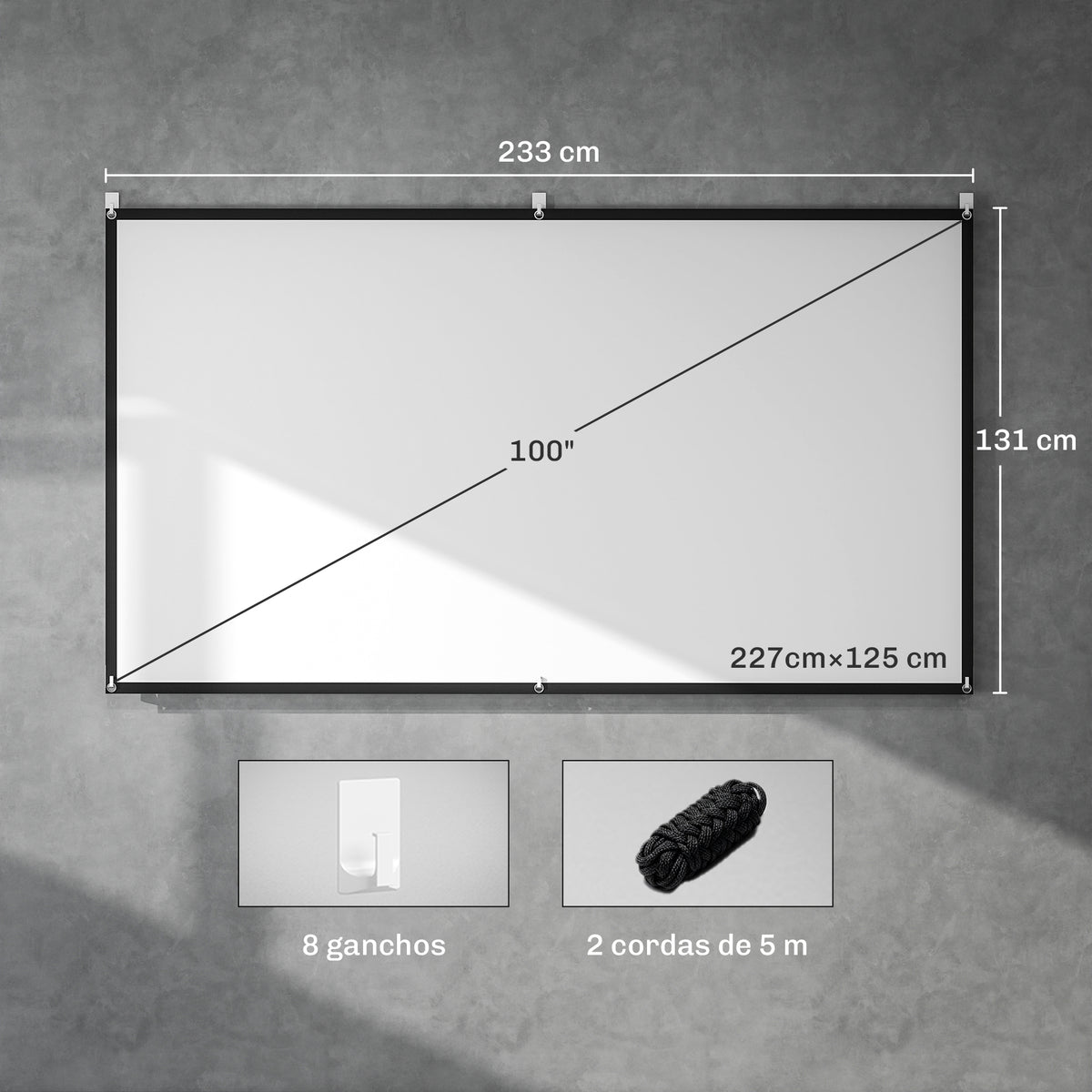 Tela de Projeção Manual 100 Polegadas Ecrã de Projetor, Formato 16:9, HD 4K/8K, Tecido Lavável, para Interior e Exterior, Cinema em Casa, Escritório, Pátio, Branco — foto 3