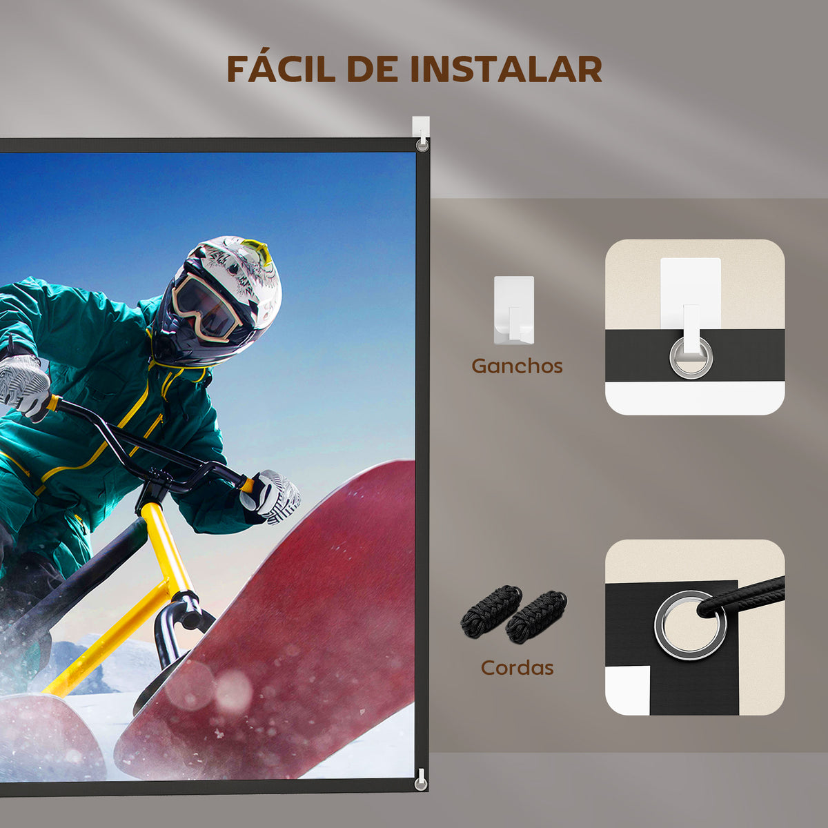 Tela de Projeção Manual 100 Polegadas Ecrã de Projetor, Formato 16:9, HD 4K/8K, Tecido Lavável, para Interior e Exterior, Cinema em Casa, Escritório, Pátio, Branco — foto 7