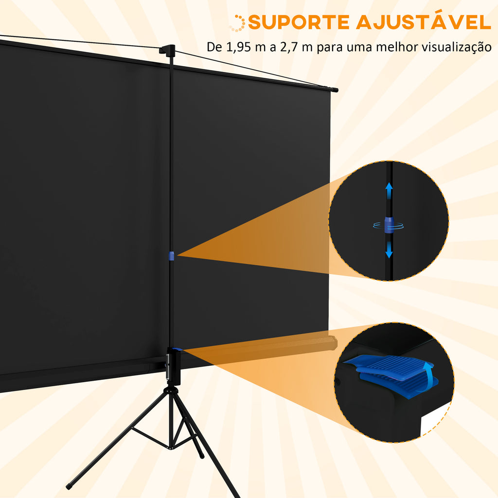 Tela de Projeção Manual com Suporte 100 Polegadas Tela de Projeção Portátil Formato 16:9 com Altura Ajustável para Interior e Exterior Cinema em Casa 235,8x8x136 cm Branco e Preto — foto 6