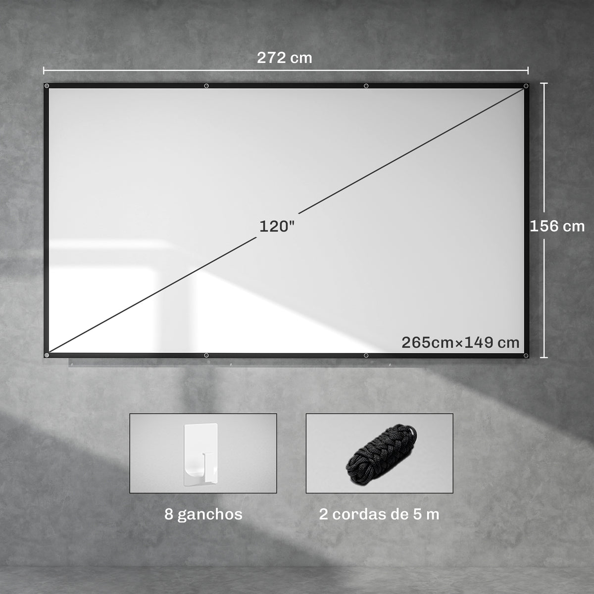 Tela de Projetor Manual 120 Polegadas, Ecrã de Projeção, Formato 16:9, HD 4K/8K, Tecido Lavável, para Interior e Exterior, Cinema em Casa, Escritório, Pátio, Branco — foto 3