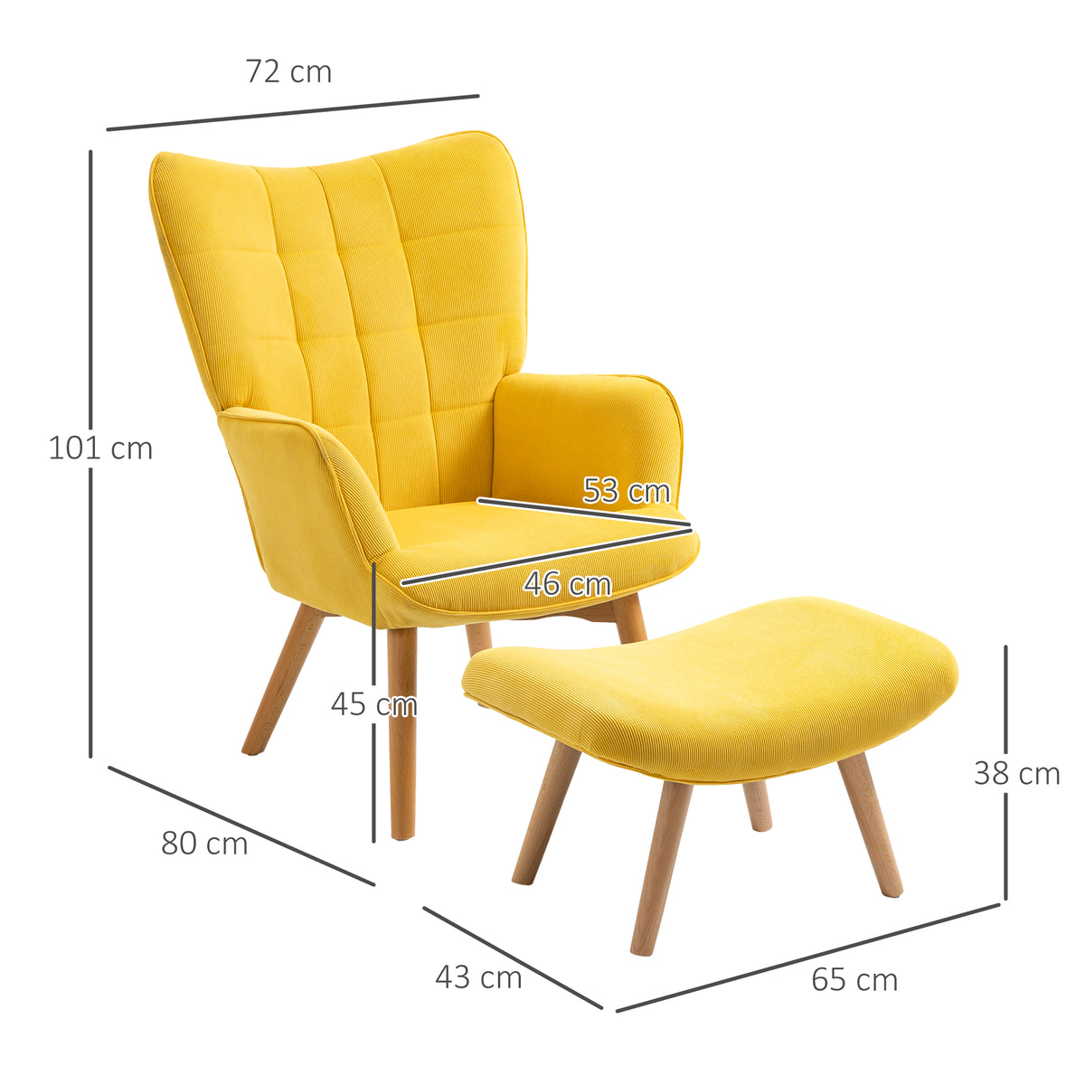 Poltrona de destaque com otoman, Poltrona relax em veludo cotelê, Poltrona com apoios de braço e pernas de madeira, para sala de estar, Amarelo — foto 2