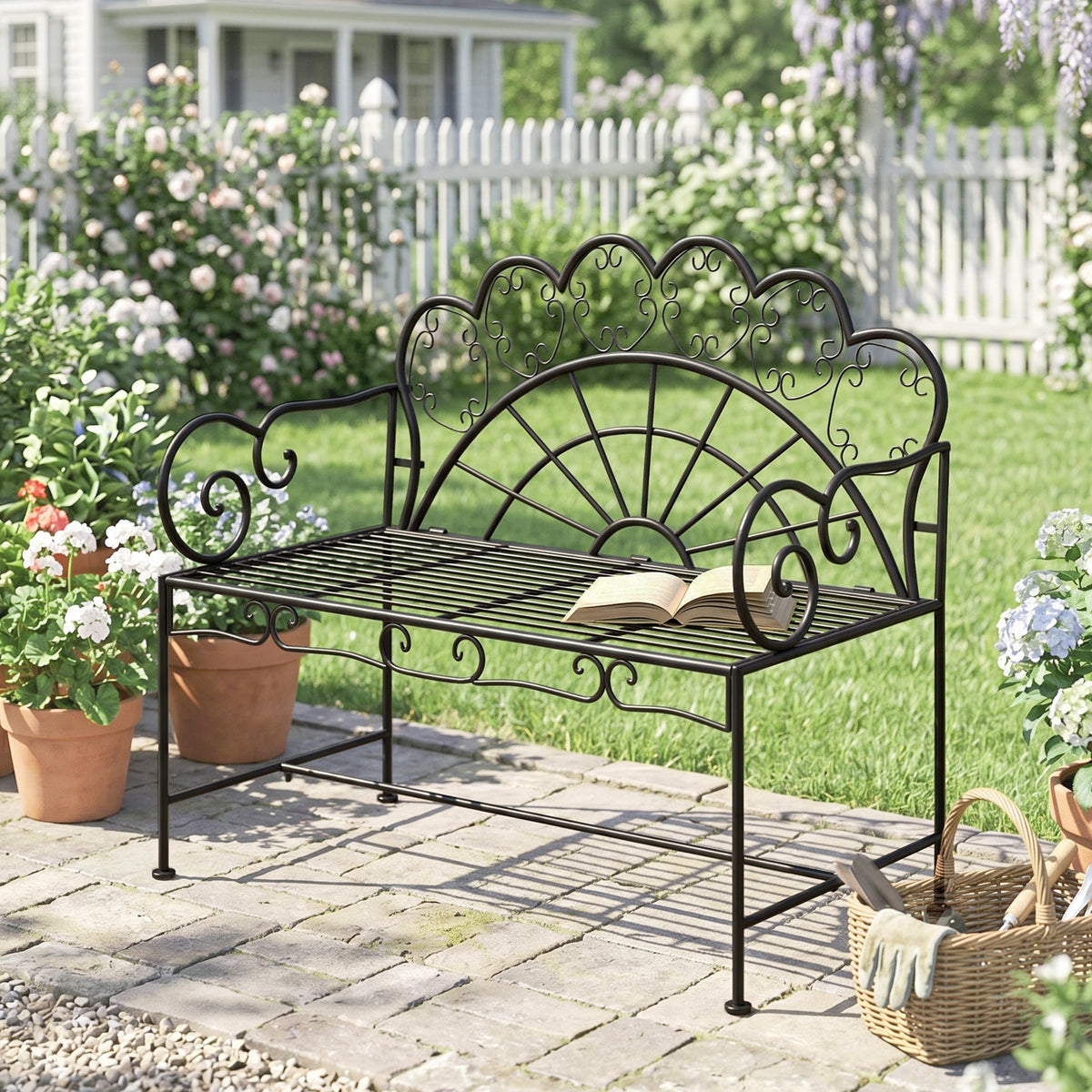 Banco de jardim 2 lugares robusto, banco de parque resistente à ferrugem, para terraço, jardim e áreas externas 107cm x 55,5cm x 92cm, Preto — imagem 3